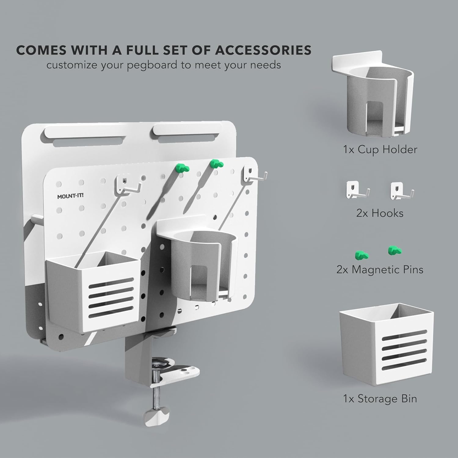 image:imageMountIt ClampOn Pegboard Organizer Adaptable Desk Storage for Home Office Gaming amp Crafting Easily Organize Essentials with Shelf Cup Holder amp Hooks WhiteWhite