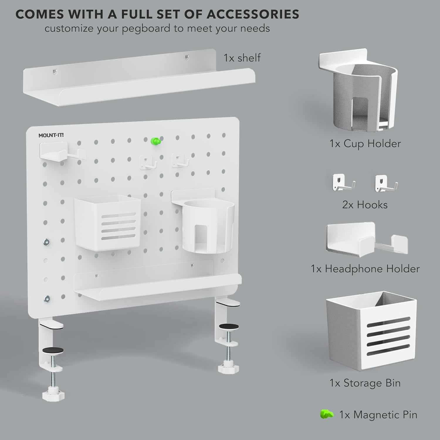 image:imageMountIt ClampOn Pegboard Organizer Adaptable Desk Storage for Home Office Gaming amp Crafting Easily Organize Essentials with Shelf Cup Holder amp Hooks WhiteWhite