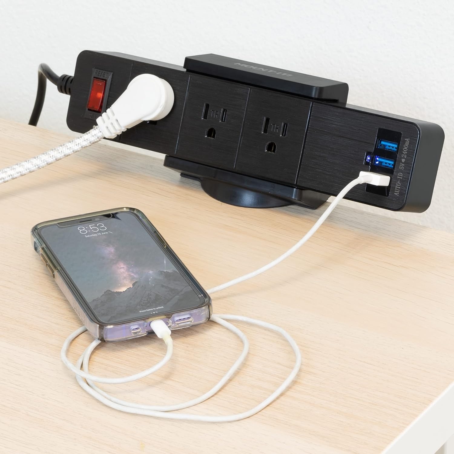 image:imageMountIt Power Strip Holder Clamp Desk Mount with Included Surge Protector Black Desktop Power Outlet with 3 USB Ports and 3 AC Power Outlets Adjustable Power Strip Clamp MountBlack