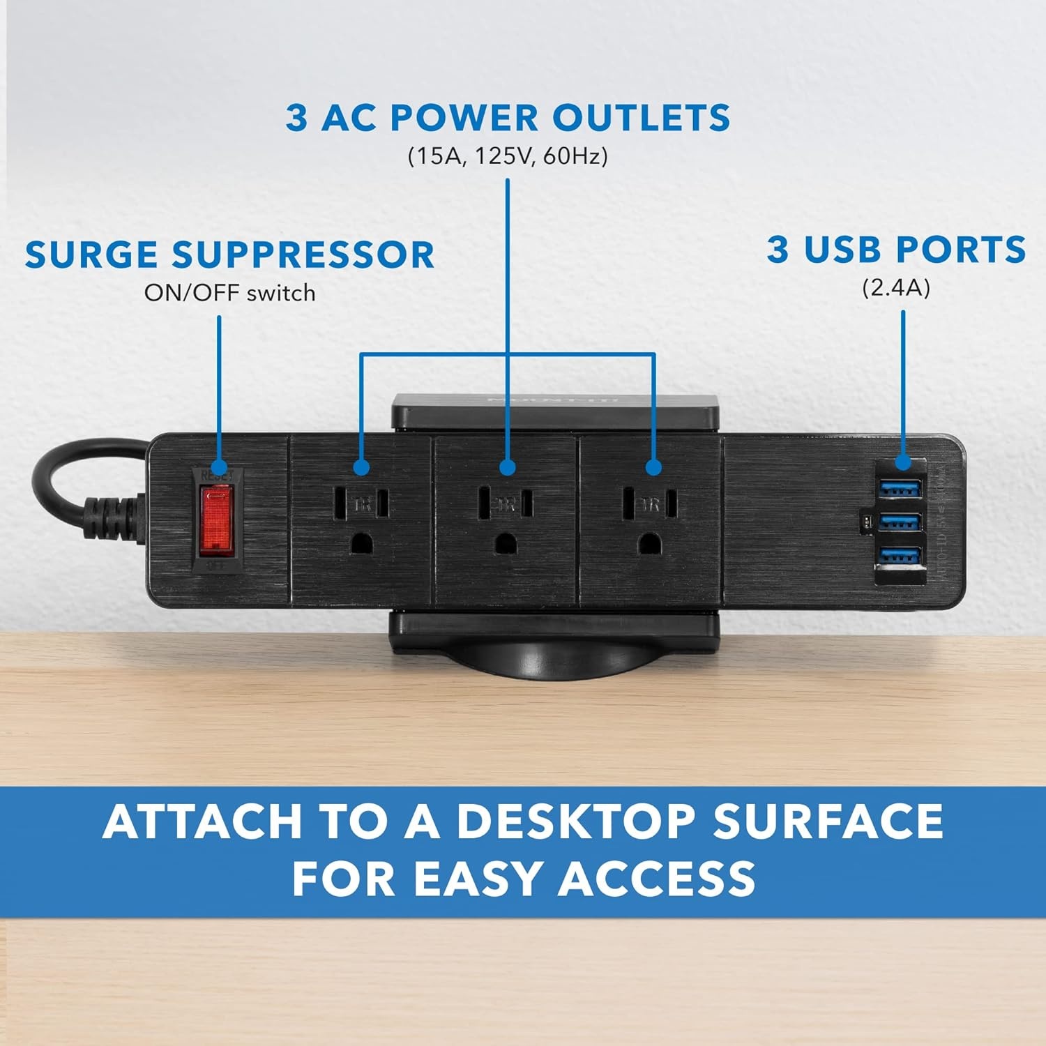 image:imageMountIt Power Strip Holder Clamp Desk Mount with Included Surge Protector Black Desktop Power Outlet with 3 USB Ports and 3 AC Power Outlets Adjustable Power Strip Clamp MountBlack