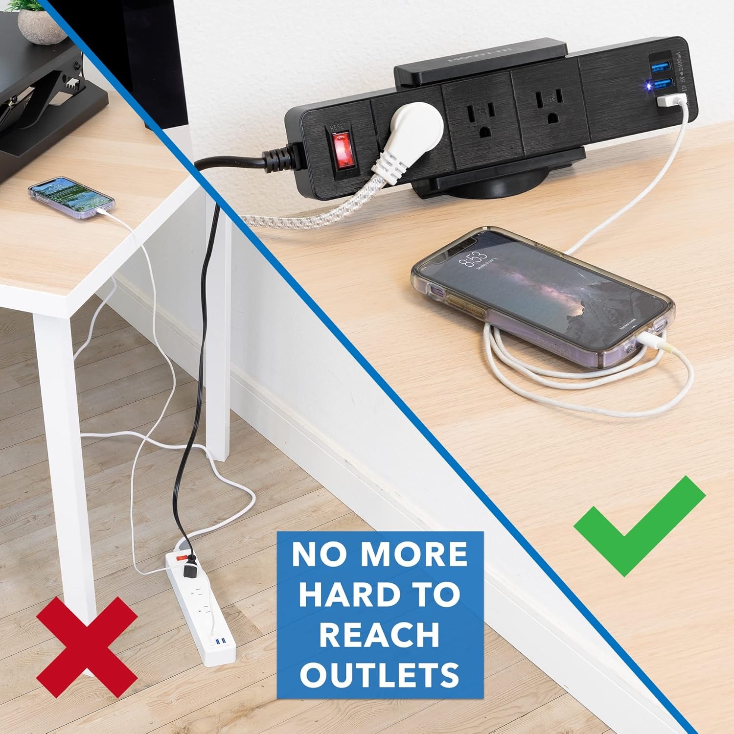 image:imageMountIt Power Strip Holder Clamp Desk Mount with Included Surge Protector Black Desktop Power Outlet with 3 USB Ports and 3 AC Power Outlets Adjustable Power Strip Clamp MountBlack