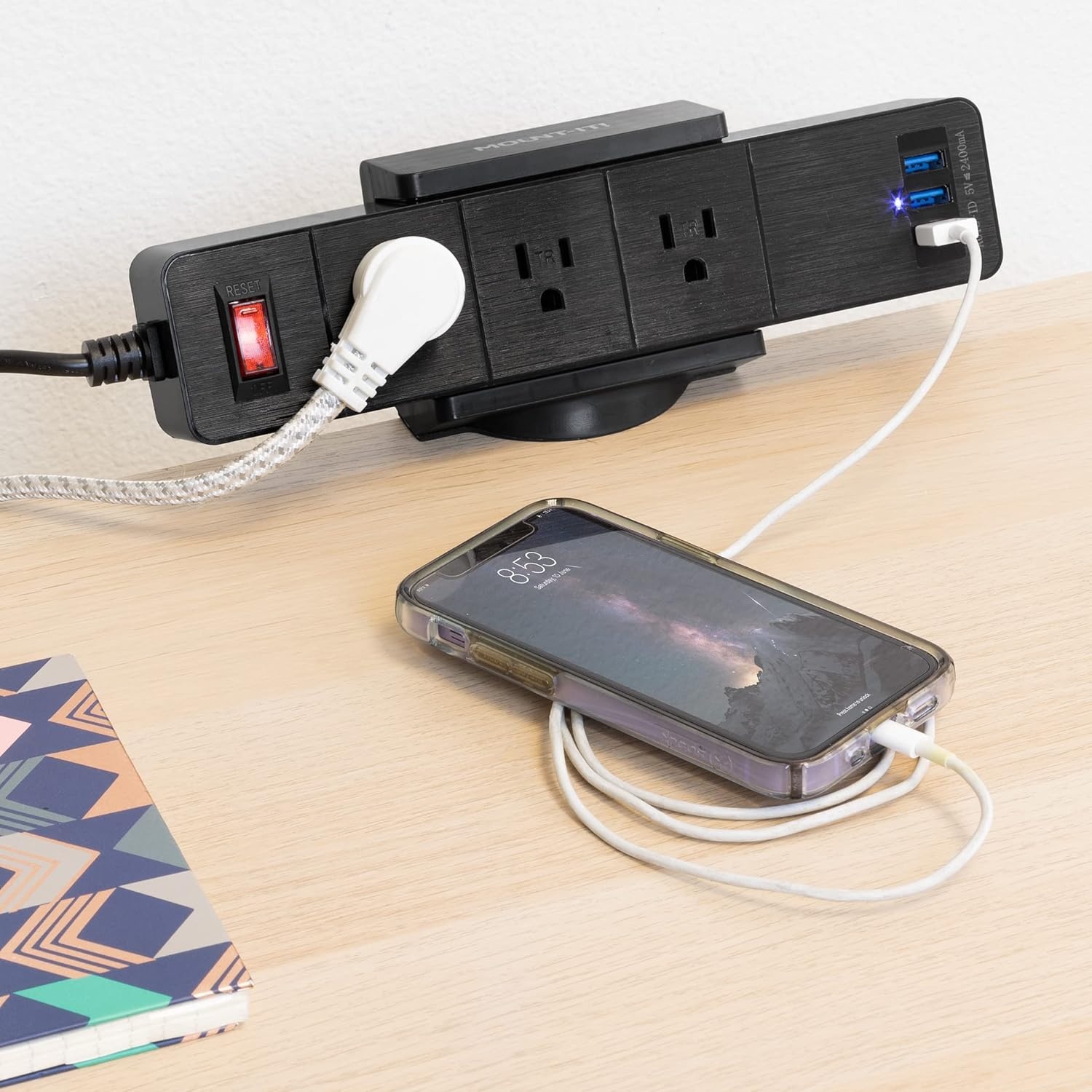 image:imageMountIt Power Strip Holder Clamp Desk Mount with Included Surge Protector Black Desktop Power Outlet with 3 USB Ports and 3 AC Power Outlets Adjustable Power Strip Clamp MountBlack