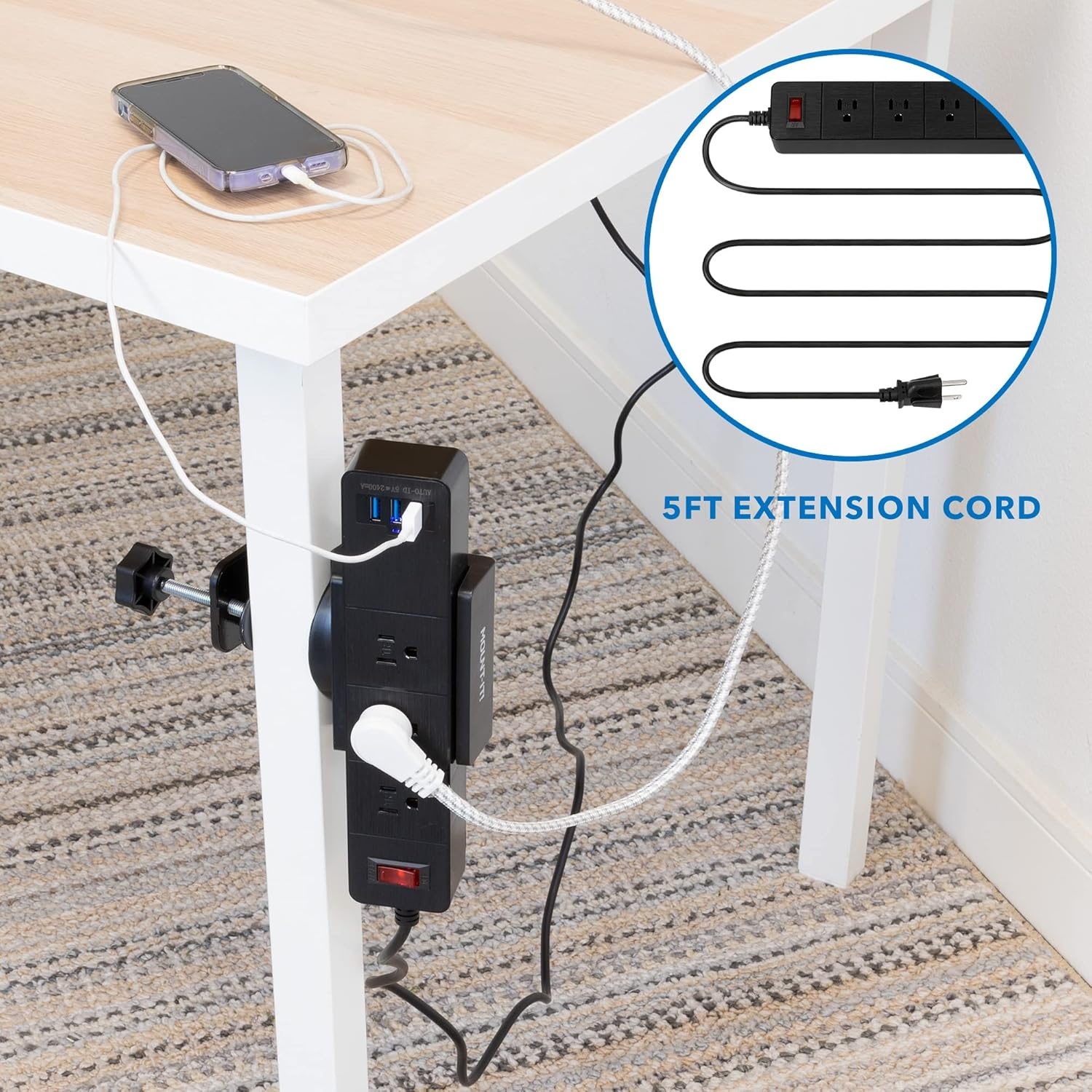 image:imageMountIt Power Strip Holder Clamp Desk Mount with Included Surge Protector Black Desktop Power Outlet with 3 USB Ports and 3 AC Power Outlets Adjustable Power Strip Clamp MountBlack