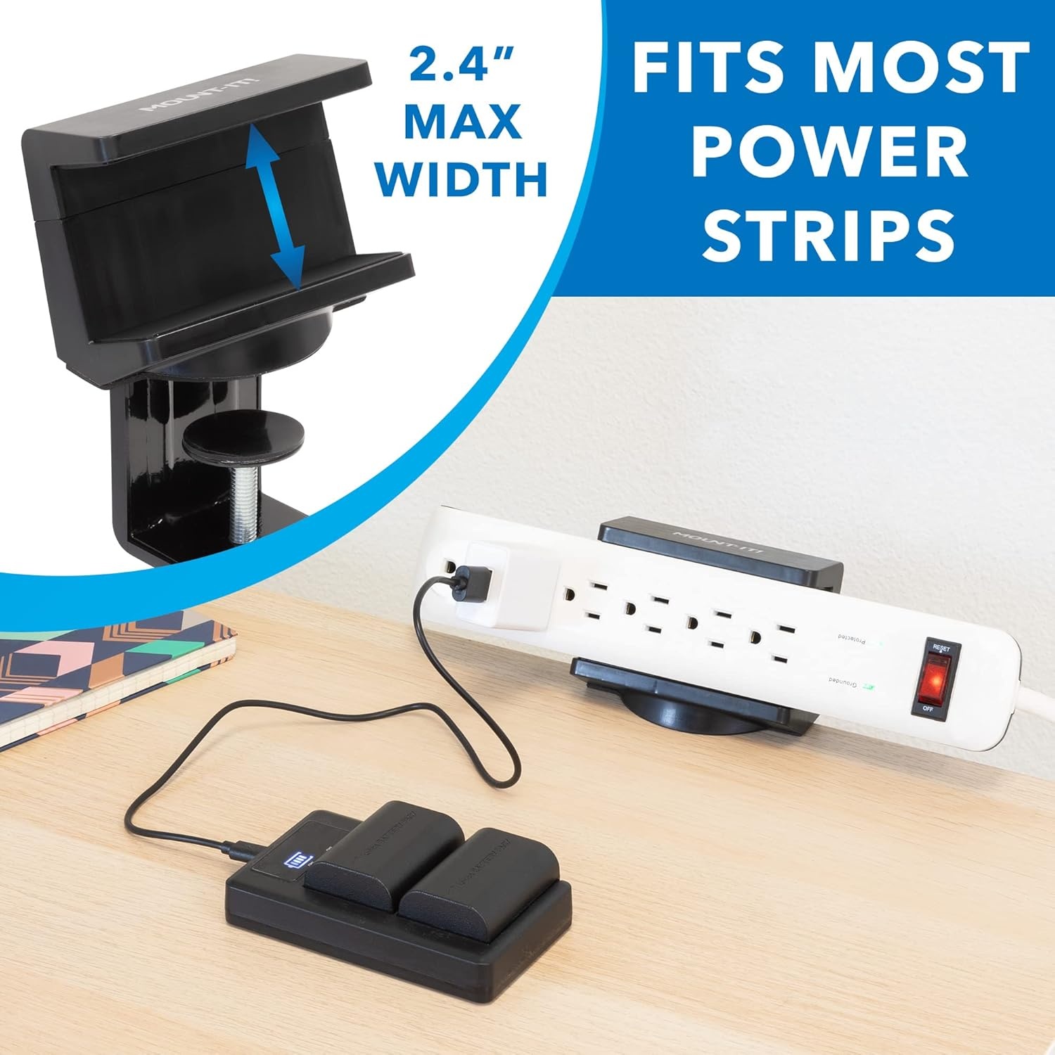 image:imageMountIt Power Strip Holder Clamp Desk Mount with Included Surge Protector Black Desktop Power Outlet with 3 USB Ports and 3 AC Power Outlets Adjustable Power Strip Clamp MountBlack