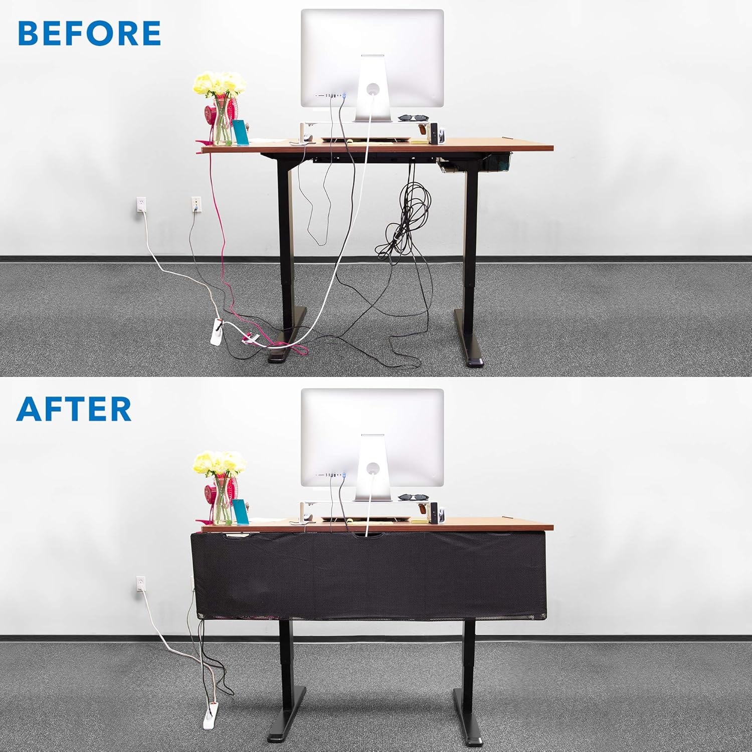 image:imageMountIt Under Desk Privacy Panel for Sit Stand Workstations 41 Inches Wide with Cable Management and Organizer Pockets Modesty Desk Skirt for Home and Office Black60 inches
