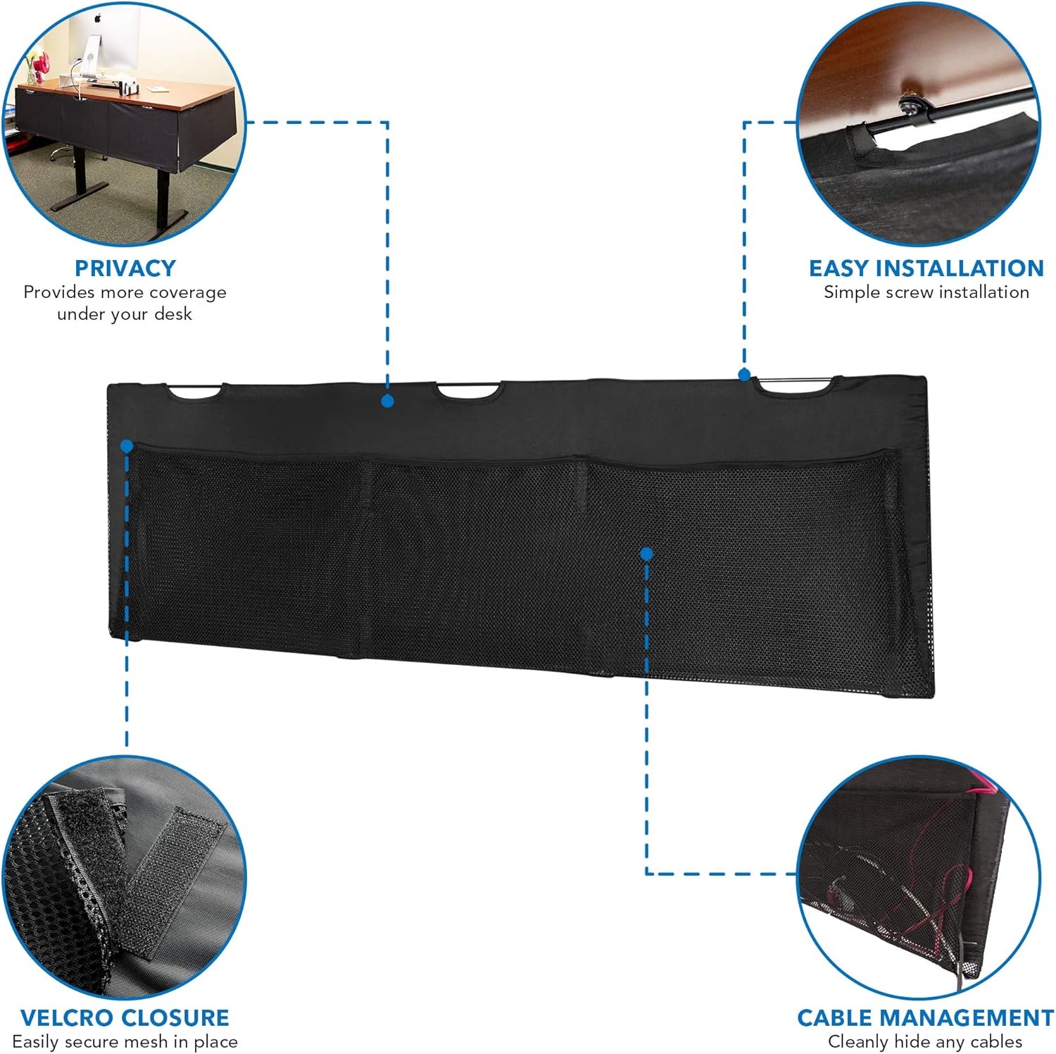 image:imageMountIt Under Desk Privacy Panel for Sit Stand Workstations 41 Inches Wide with Cable Management and Organizer Pockets Modesty Desk Skirt for Home and Office Black60 inches