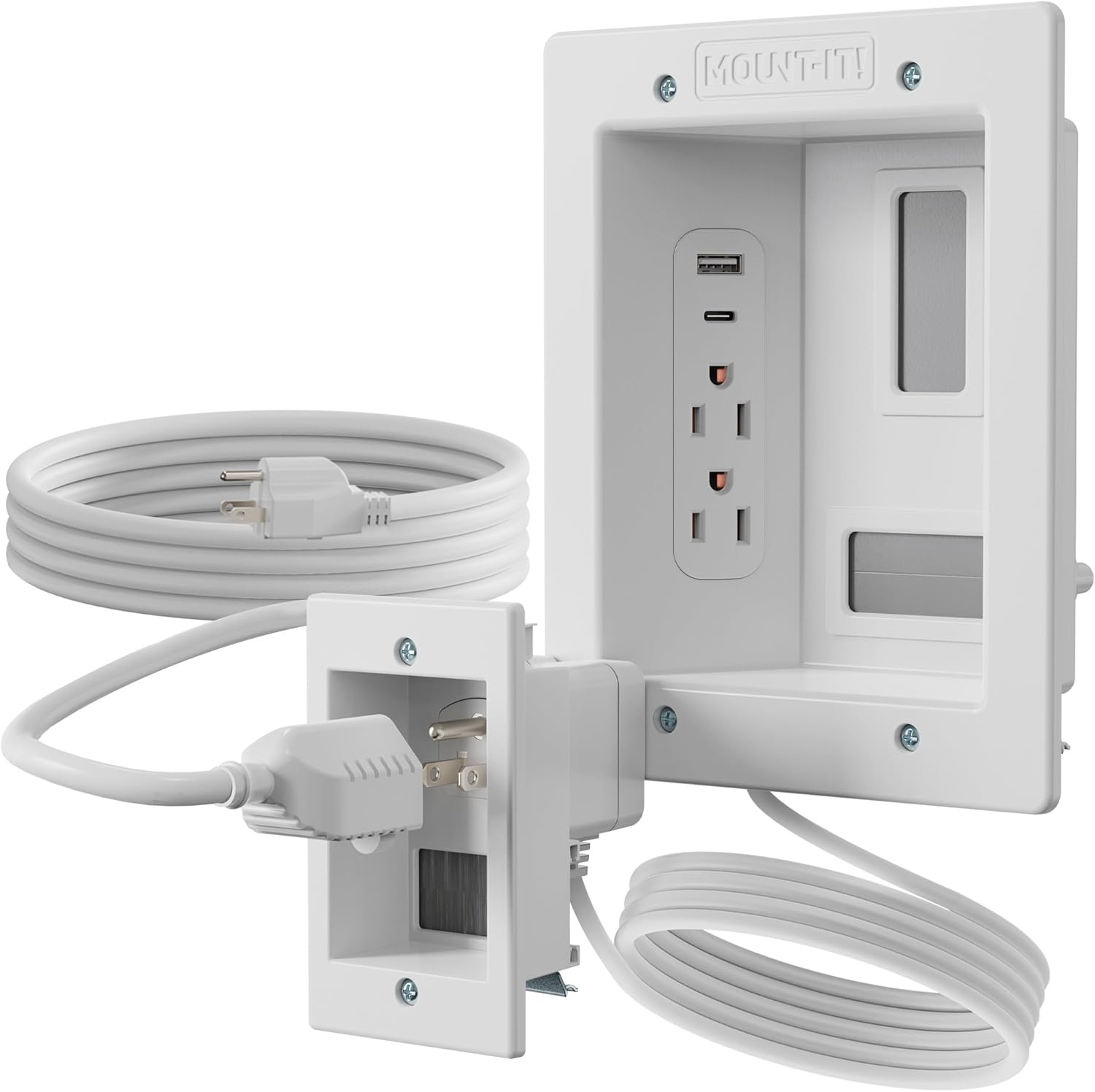 image:imageMountIt inWall TV Cable Concealer Kit with Recessed Power Triple Outlet 9ft Cord and Hand Saw Easy Safe Cable Management for Organized TV and Home Theater SetupsDual Outlet USB 5ft External 9ft InWall