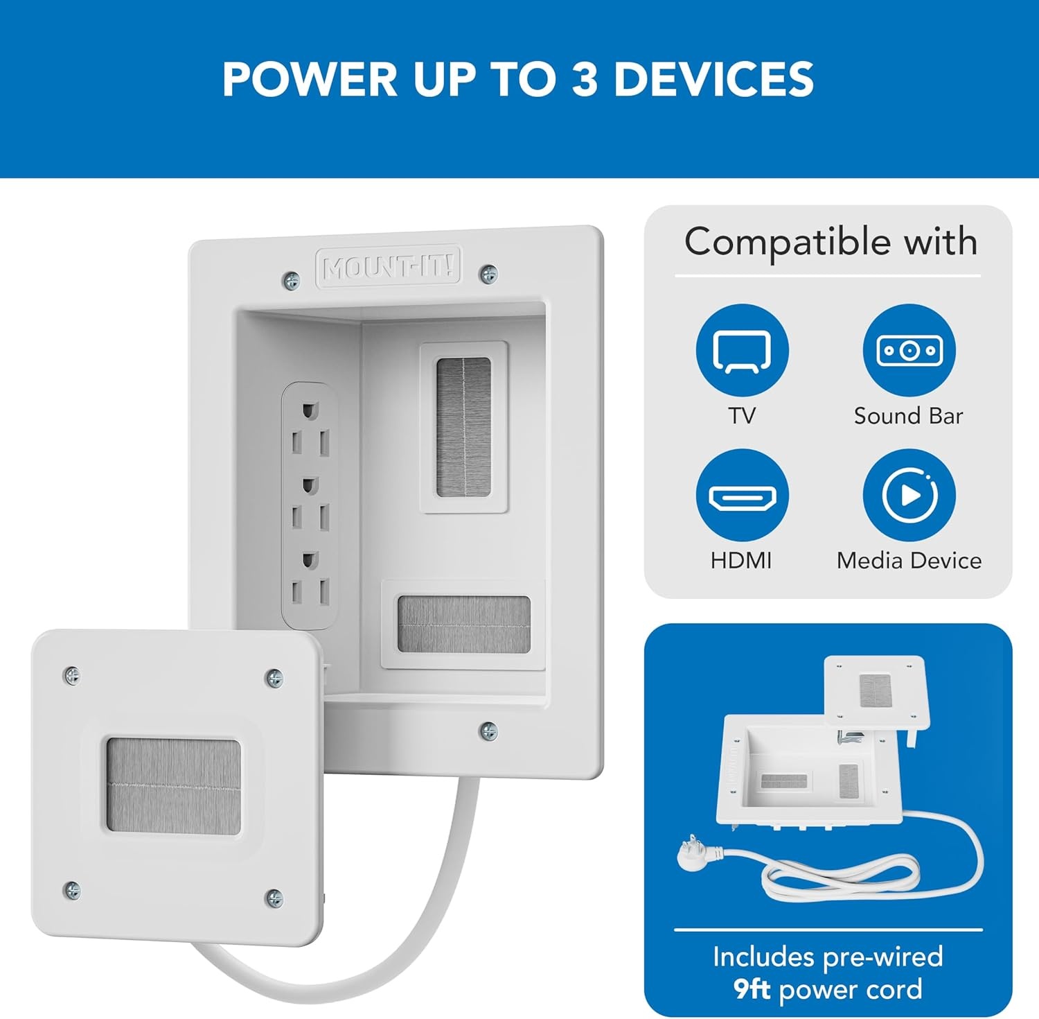 image:imageMountIt inWall TV Cable Concealer Kit with Recessed Power Triple Outlet 9ft Cord and Hand Saw Easy Safe Cable Management for Organized TV and Home Theater SetupsTriple Outlet 9ft Extension Cord