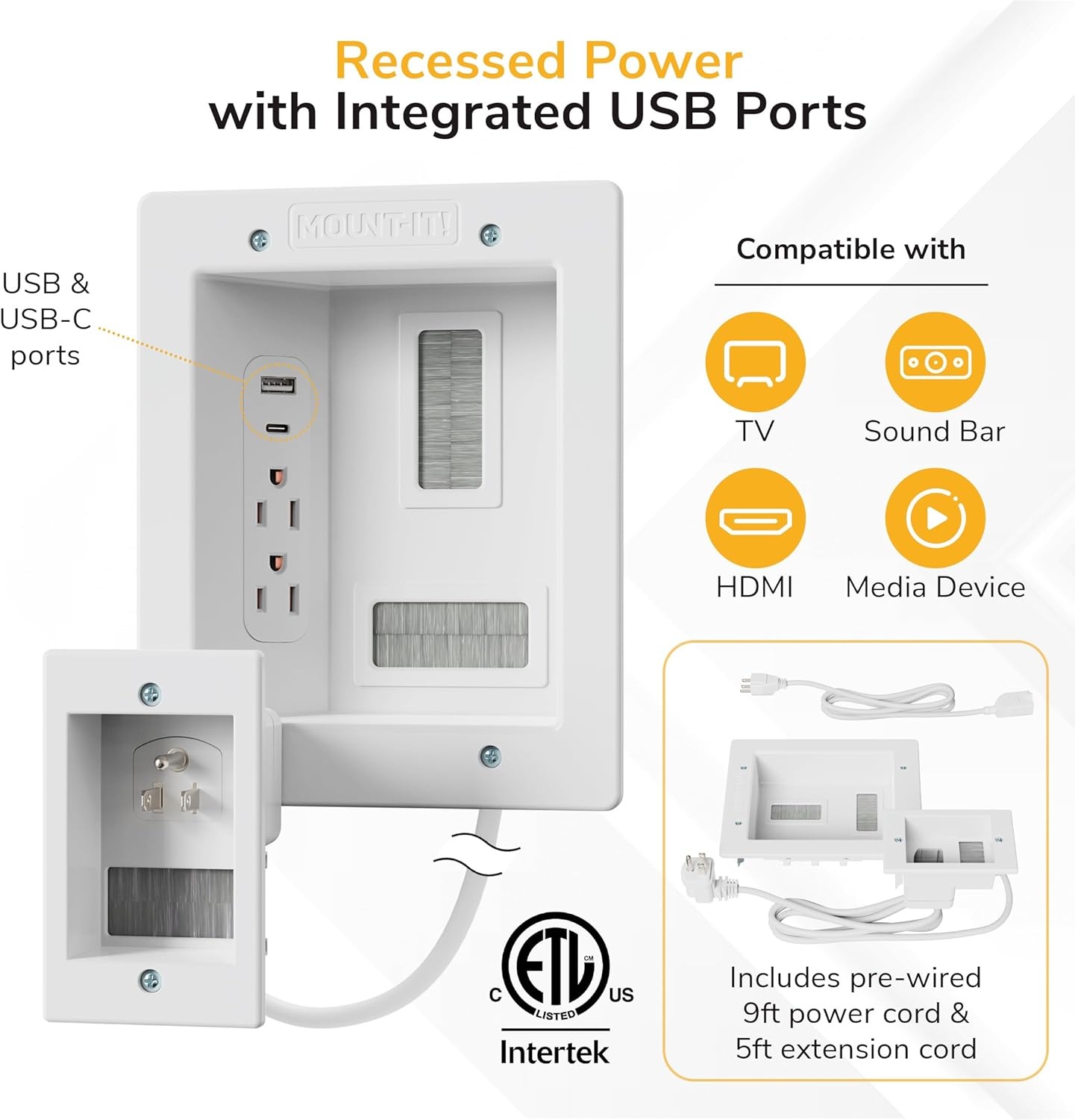 image:imageMountIt inWall TV Cable Concealer Kit with Recessed Power Triple Outlet 9ft Cord and Hand Saw Easy Safe Cable Management for Organized TV and Home Theater SetupsDual Outlet USB 5ft External 9ft InWall