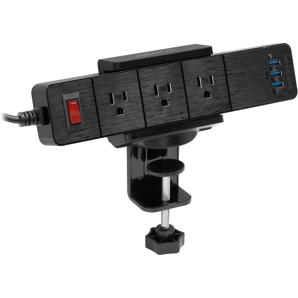 image:imageMountIt Power Strip Holder Clamp Desk Mount with Included Surge Protector Black Desktop Power Outlet with 3 USB Ports and 3 AC Power Outlets Adjustable Power Strip Clamp MountBlack