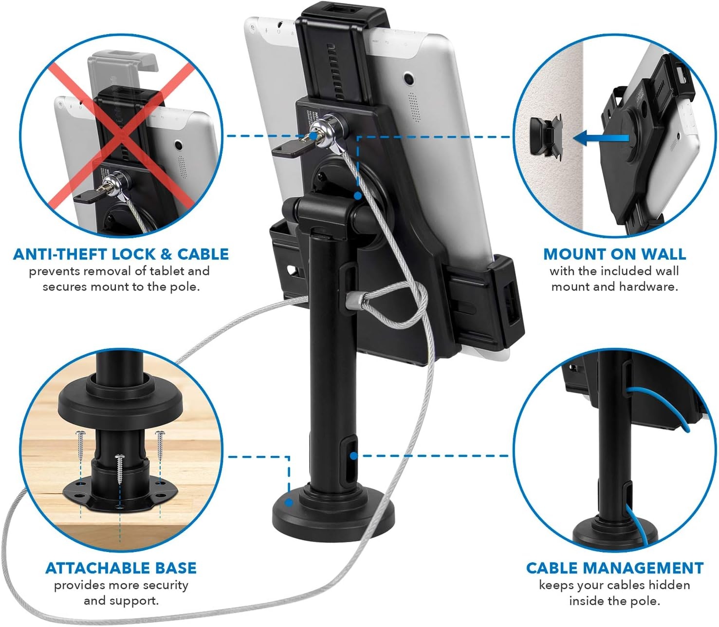 image:imageMountIt AntiTheft Universal iPad amp Samsung Tablet Floor Stand Kiosk Locking Clamp Height Adjustable 248425 360 Rotating POS Kiosk for 7911 Tablets SilverCounter Bolton Base