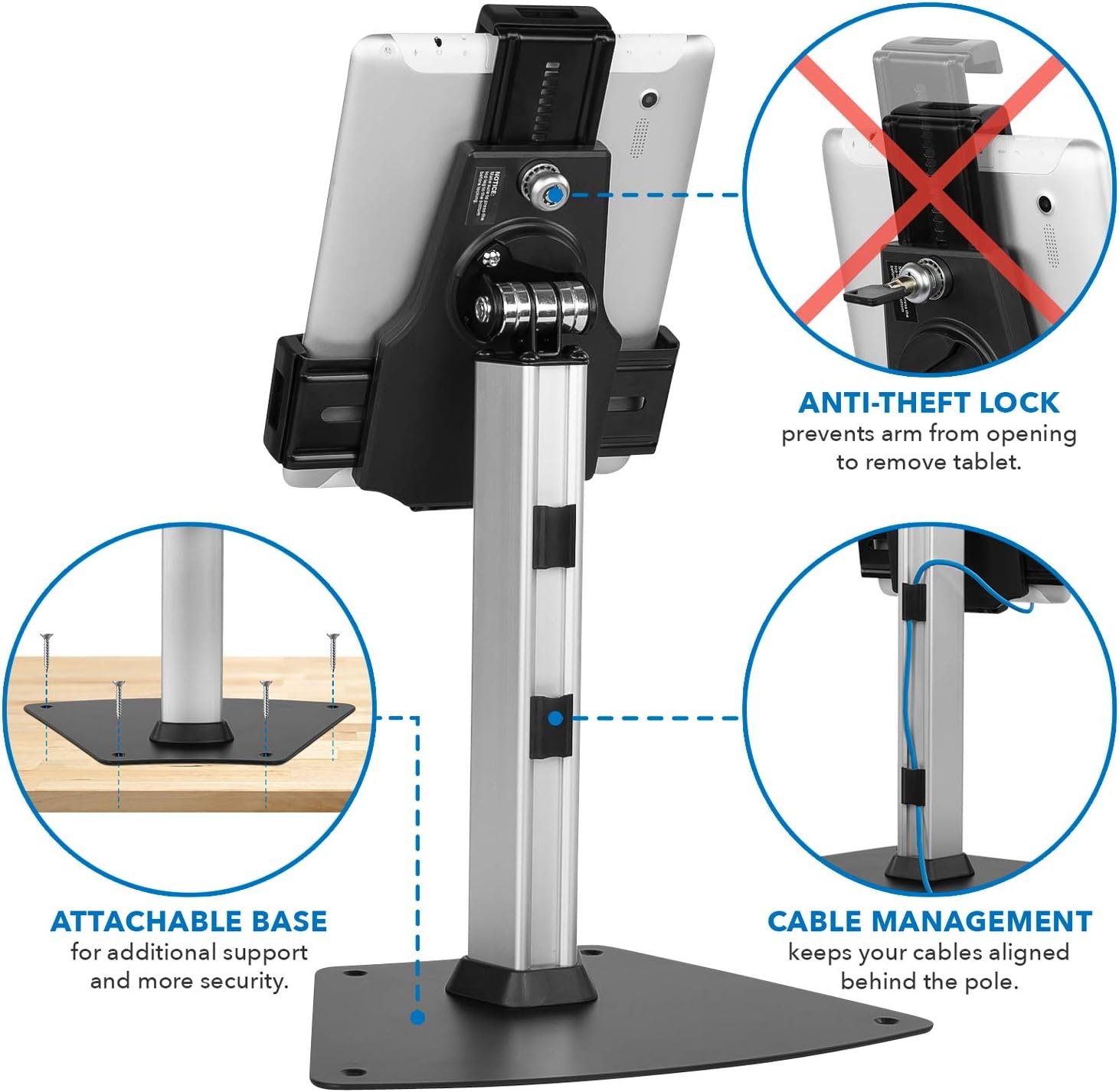 image:imageMountIt AntiTheft Universal iPad amp Samsung Tablet Floor Stand Kiosk Locking Clamp Height Adjustable 248425 360 Rotating POS Kiosk for 7911 Tablets SilverCounter Wide Base
