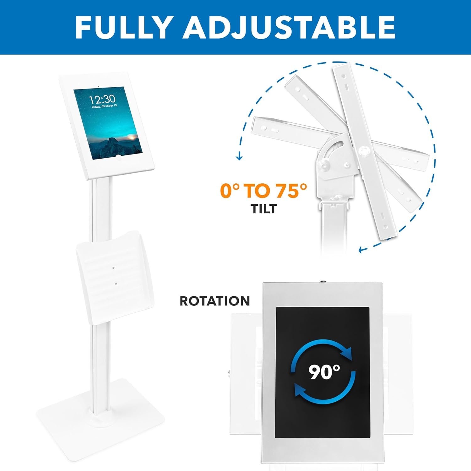 image:imageMountIt AntiTheft iPad Tablet Floor Stand Kiosk with Literature Holder Lockable Enclosure for iPad Gen 711 Pro amp Air A16 90 Rotation amp 75 Tilt Commercial Kiosk Stand Bolt Down Base BlackWhite