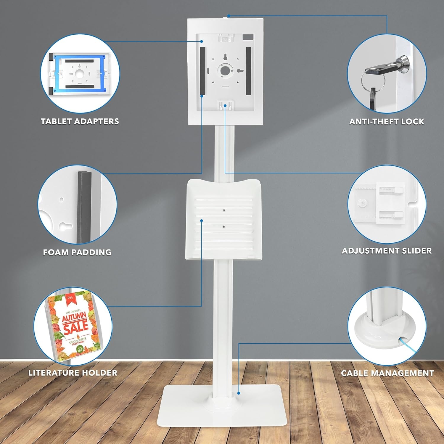 image:imageMountIt AntiTheft iPad Tablet Floor Stand Kiosk with Literature Holder Lockable Enclosure for iPad Gen 711 Pro amp Air A16 90 Rotation amp 75 Tilt Commercial Kiosk Stand Bolt Down Base BlackWhite