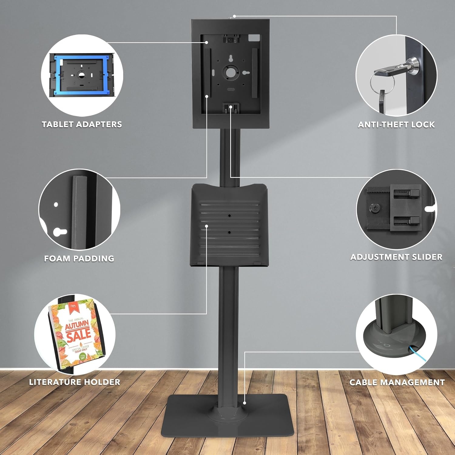 image:imageMountIt AntiTheft iPad Tablet Floor Stand Kiosk with Literature Holder Lockable Enclosure for iPad Gen 711 Pro amp Air A16 90 Rotation amp 75 Tilt Commercial Kiosk Stand Bolt Down Base BlackBlack