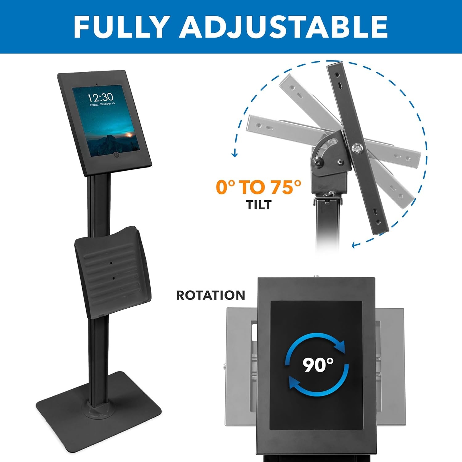 image:imageMountIt AntiTheft iPad Tablet Floor Stand Kiosk with Literature Holder Lockable Enclosure for iPad Gen 711 Pro amp Air A16 90 Rotation amp 75 Tilt Commercial Kiosk Stand Bolt Down Base BlackBlack