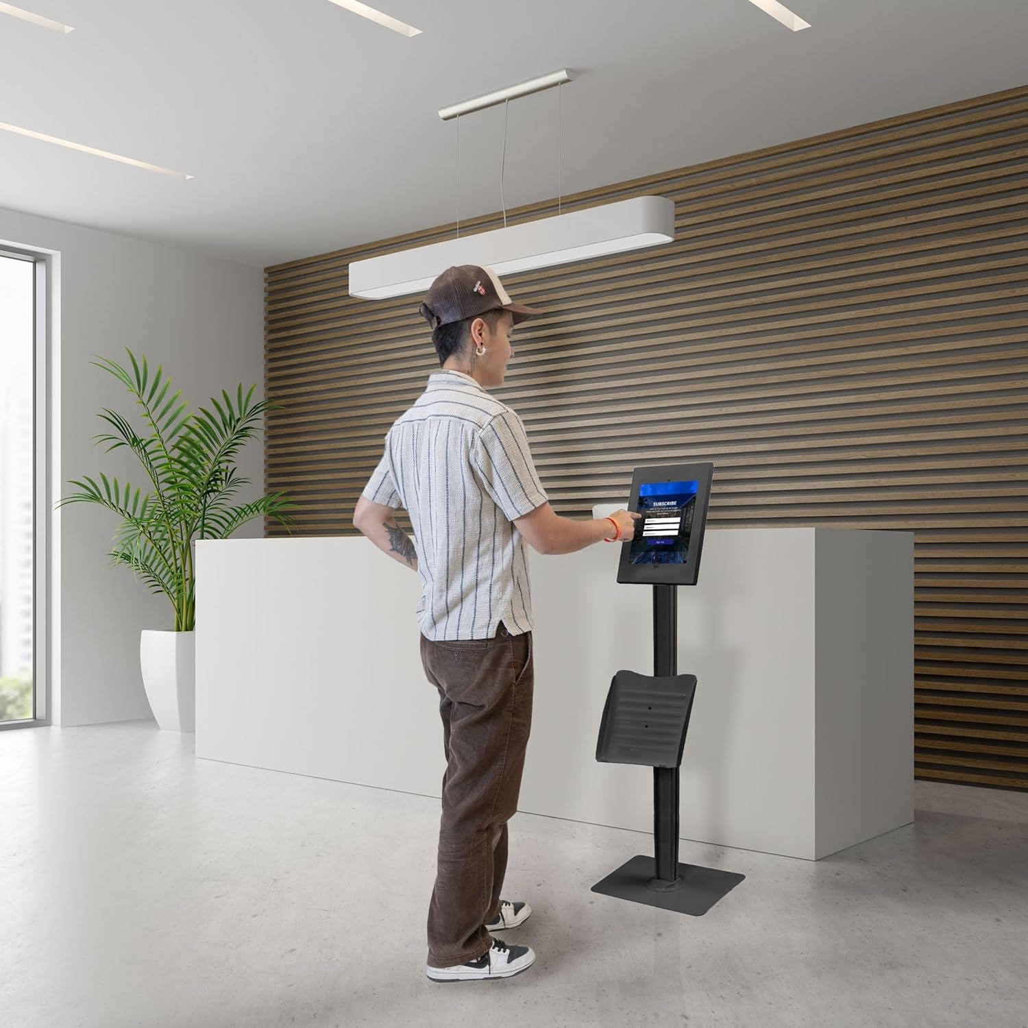 image:imageMountIt AntiTheft iPad Tablet Floor Stand Kiosk with Literature Holder Lockable Enclosure for iPad Gen 711 Pro amp Air A16 90 Rotation amp 75 Tilt Commercial Kiosk Stand Bolt Down Base BlackBlack
