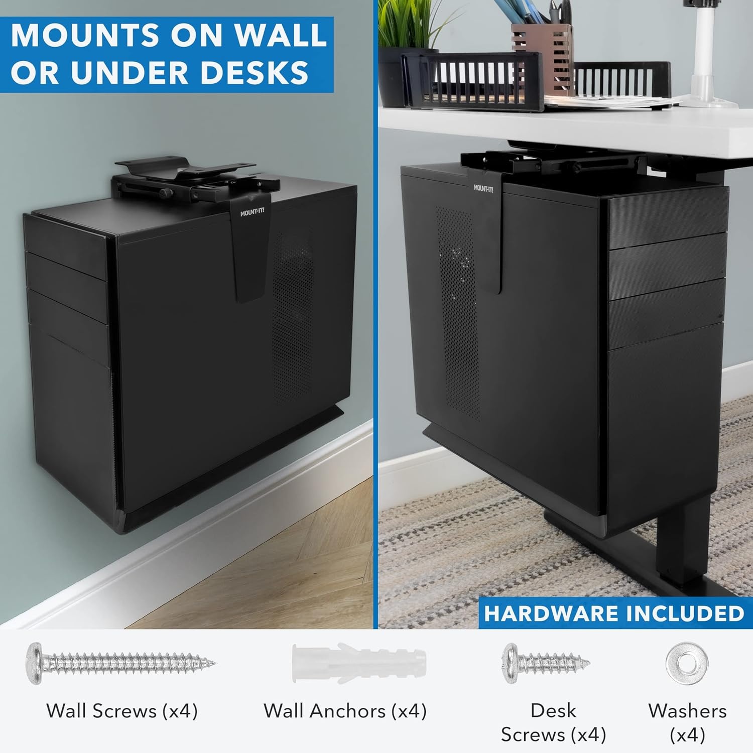 image:imageMountIt CPU Under Desk Mount Bracket Computer Tower Wall and Under Counter Holder 360 Degree Swivel Adjustable Height and Width WallMountablesmall large