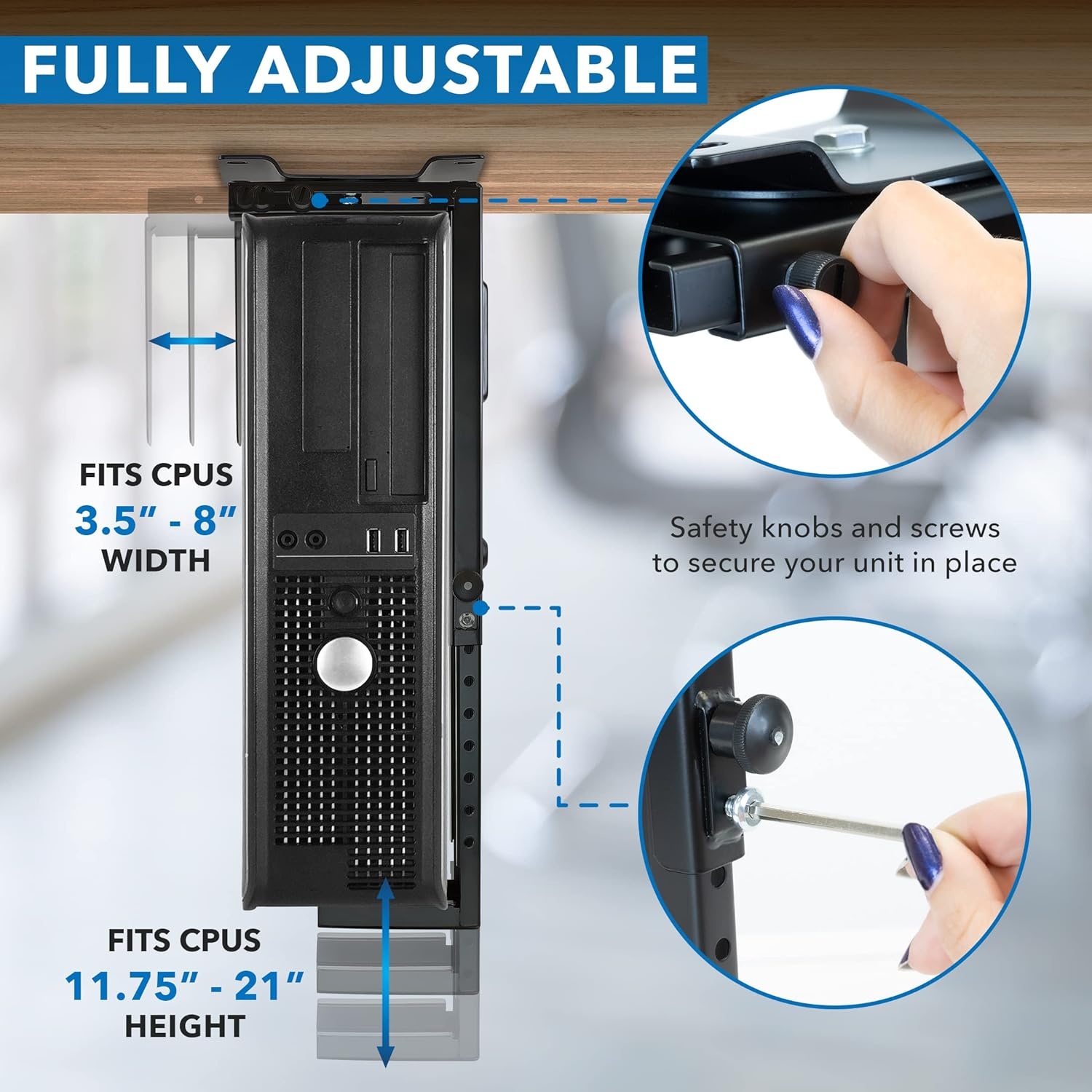 image:imageMountIt CPU Under Desk Mount Bracket Computer Tower Wall and Under Counter Holder 360 Degree Swivel Adjustable Height and Width WallMountablesmall large