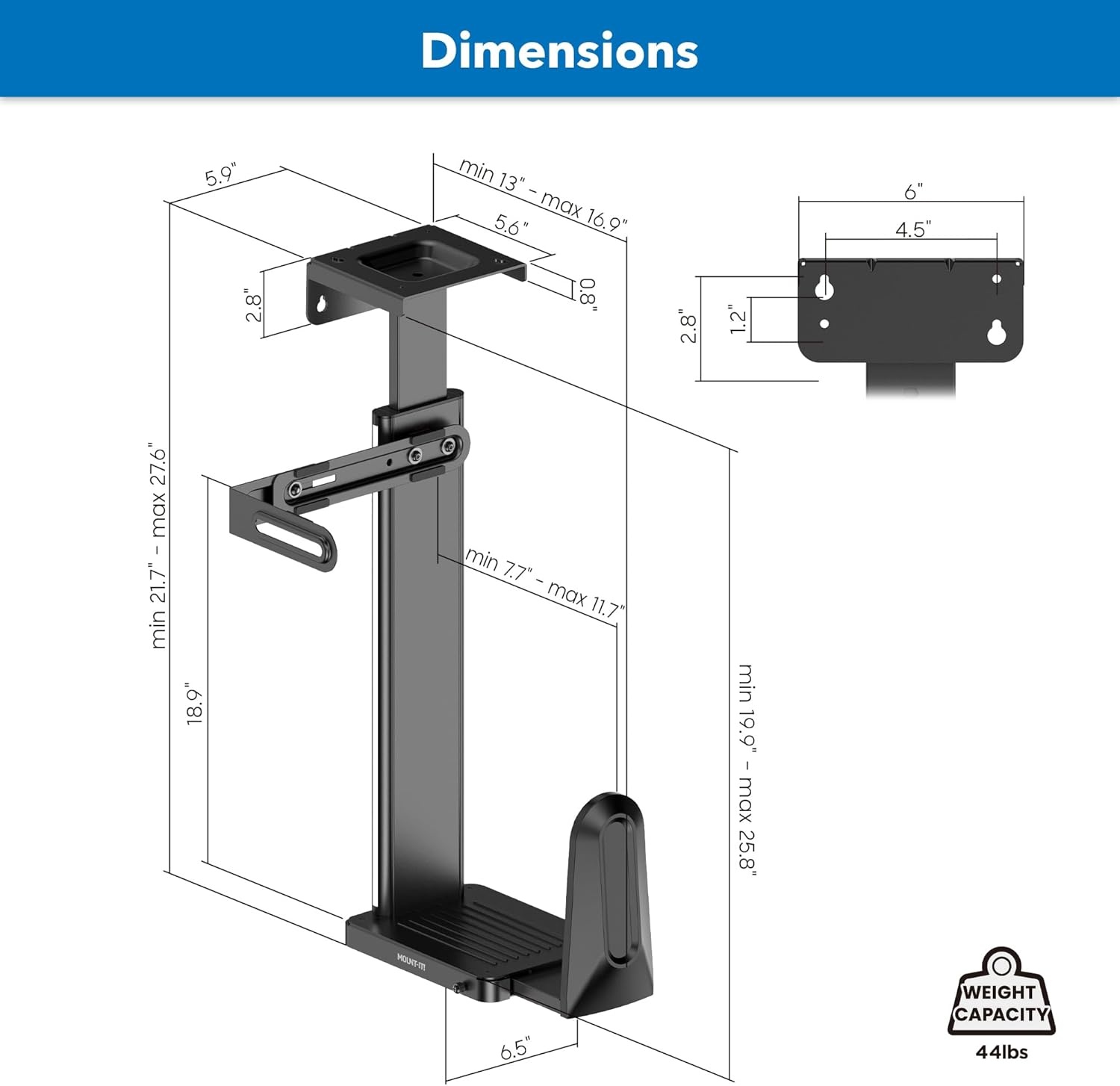 image:imageMountIt CPU Under Desk Mount Bracket Height Adjustable Heavy Duty Computer Tower Wall Mount 44 lbs Weight Capacity Adjustable Width Computer Case Holder Installation Under Desk or On Wall Black