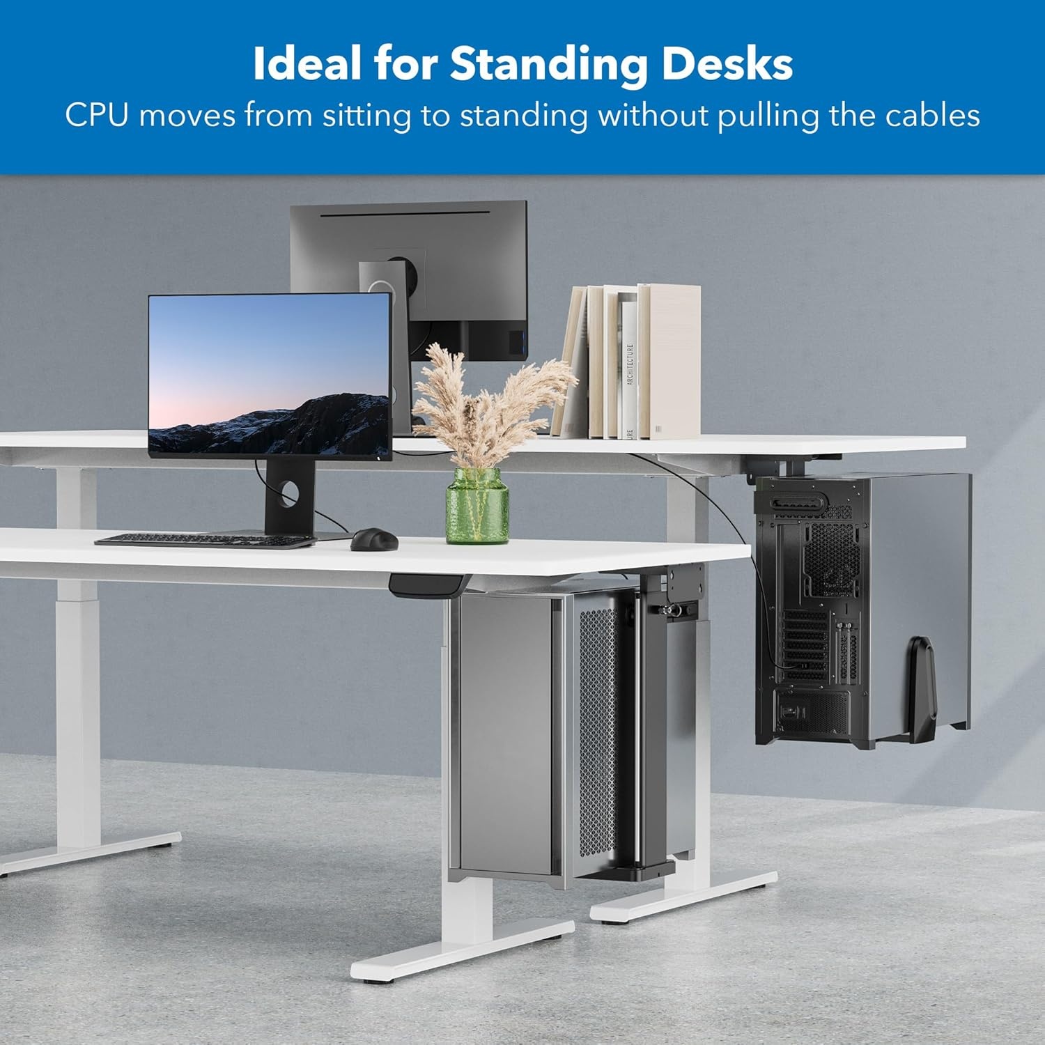 image:imageMountIt CPU Under Desk Mount Bracket Height Adjustable Heavy Duty Computer Tower Wall Mount 44 lbs Weight Capacity Adjustable Width Computer Case Holder Installation Under Desk or On Wall Black