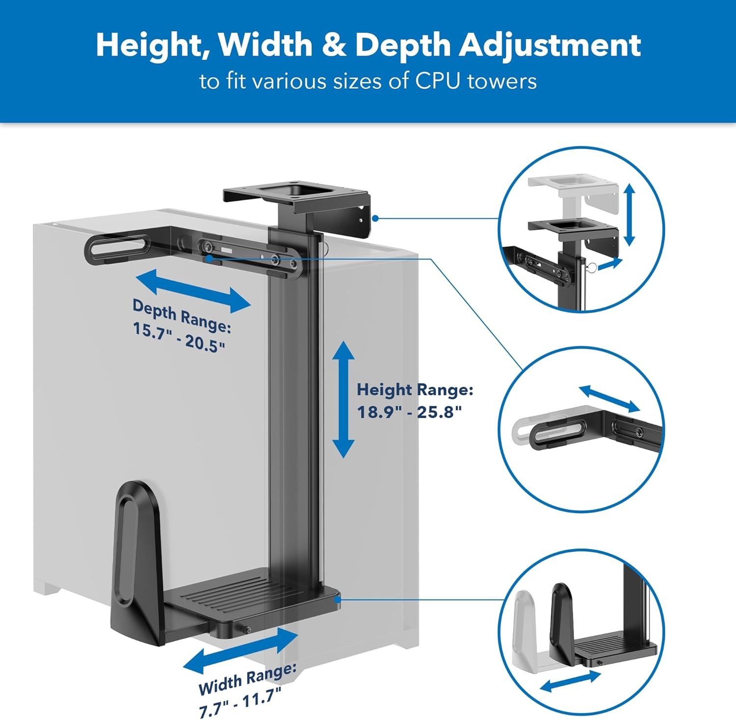 image:imageMountIt CPU Under Desk Mount Bracket Height Adjustable Heavy Duty Computer Tower Wall Mount 44 lbs Weight Capacity Adjustable Width Computer Case Holder Installation Under Desk or On Wall Black