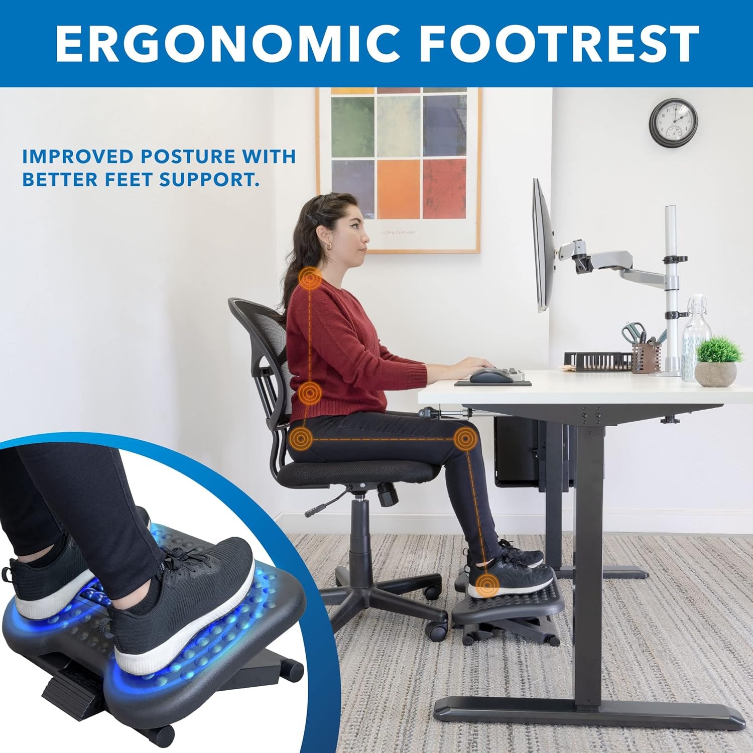 image:imageMountIt Ergonomic Under Desk Footrest with Massage Rollers Adjustable Height amp 30 Tilt Foot Rest Under Desk 425675 Office Foot Stool with Non Slip SurfaceBlack