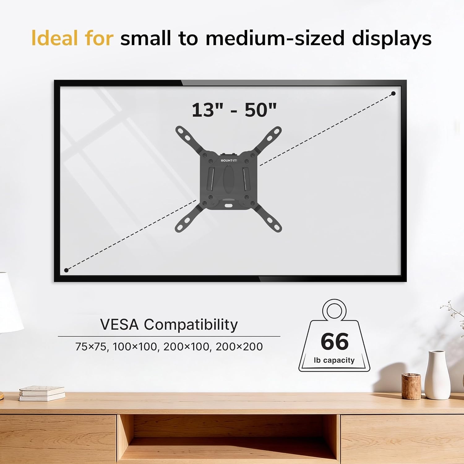 image:imageMountIt Fixed TV Wall Mount Ultra Low Profile 094 Fits 1350 TVs amp Monitors up to 66 lbs VESA 75x75200x200 Flush Mount Single Stud Small Flat TV Wall Bracket for Bedroom amp Office24 50 Screens