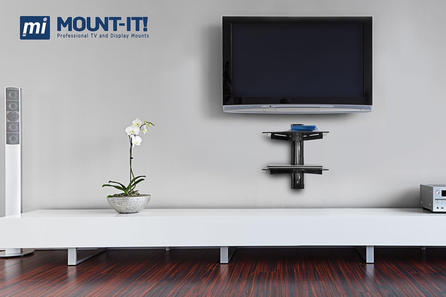 image:imageMountIt Floating TV Shelf Wall Mounted Shelf for Receiver Cable Box PlayStation Xbox DVD Player Projector and AV Components 176 Lbs Capacity 1 Shelf Tinted Tempered Glass Black2shelf
