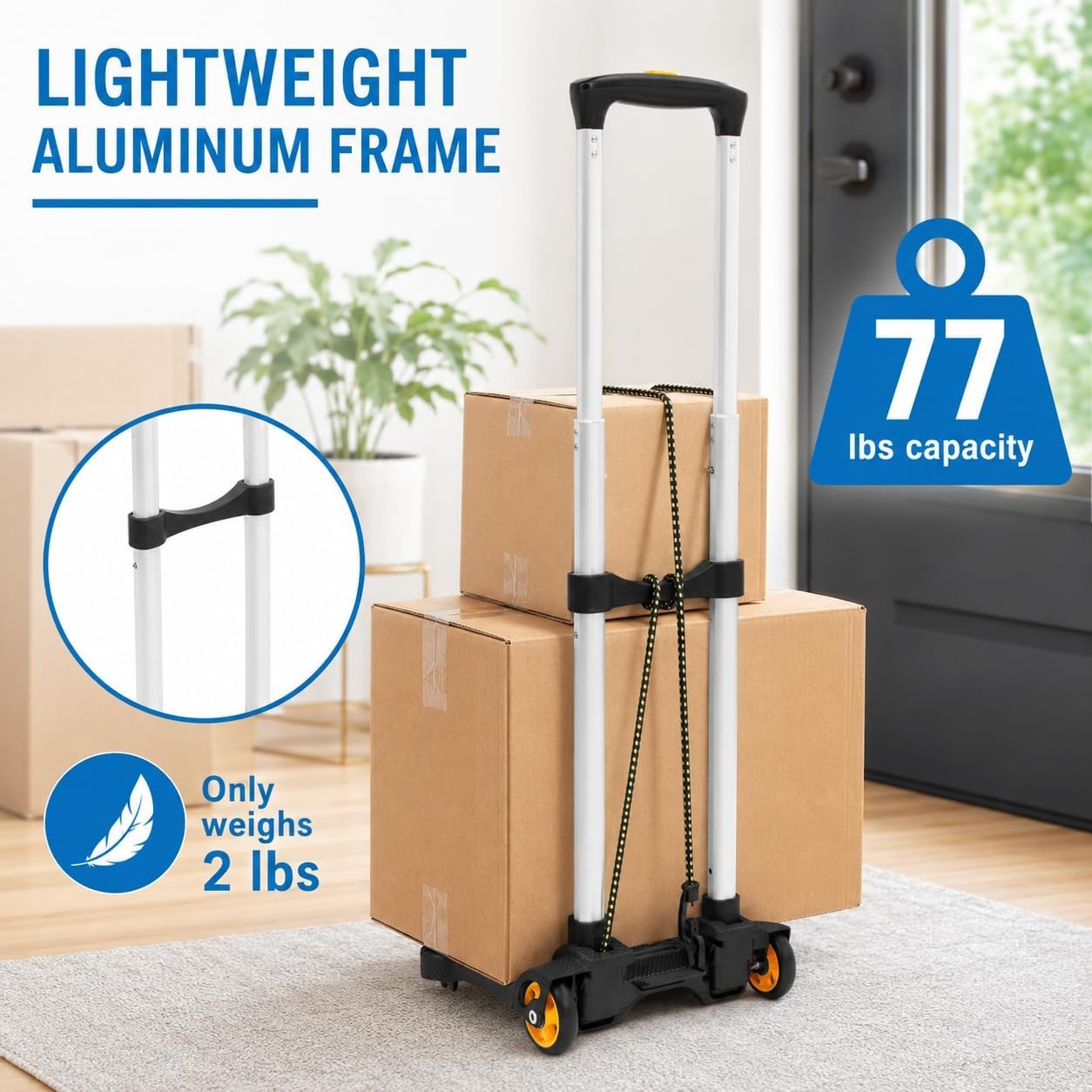 image:imageMountIt Folding Luggage Cart with Wheels Foldable Hand Truck Dolly Carries 77 lbs 4 lbs Lightweight Fits CarryOn Telescoping Handle Bungee CordLarge