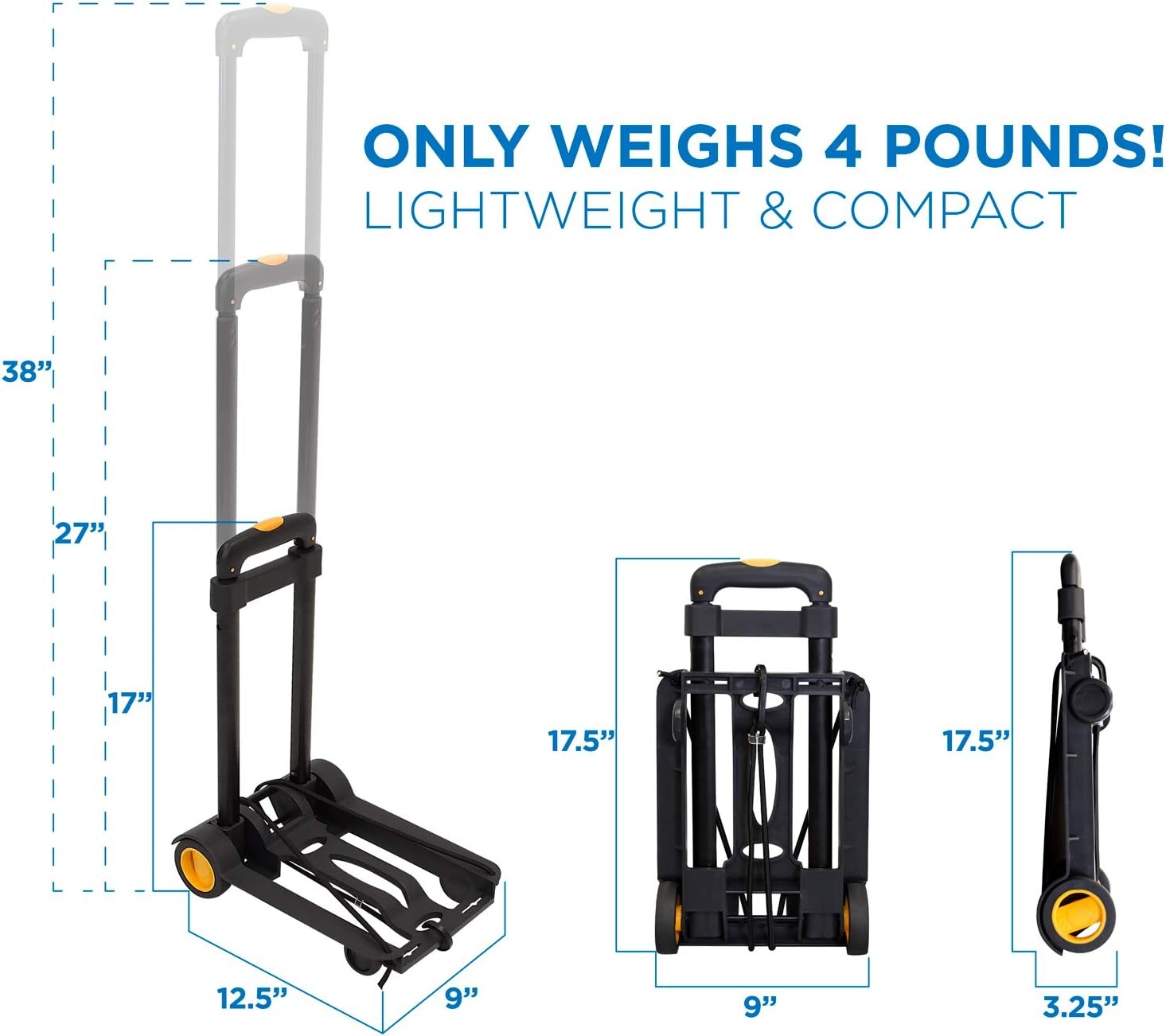 image:imageMountIt Folding Luggage Cart with Wheels Foldable Hand Truck Dolly Carries 77 lbs 4 lbs Lightweight Fits CarryOn Telescoping Handle Bungee CordMedium