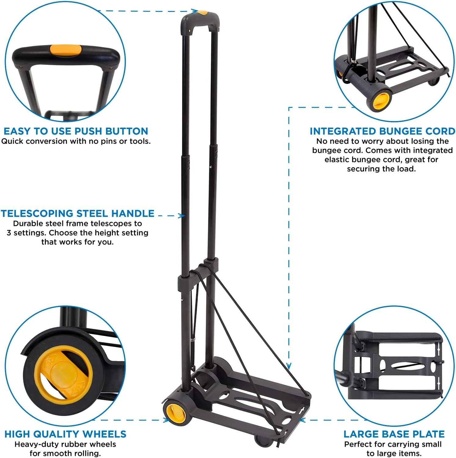 image:imageMountIt Folding Luggage Cart with Wheels Foldable Hand Truck Dolly Carries 77 lbs 4 lbs Lightweight Fits CarryOn Telescoping Handle Bungee CordMedium