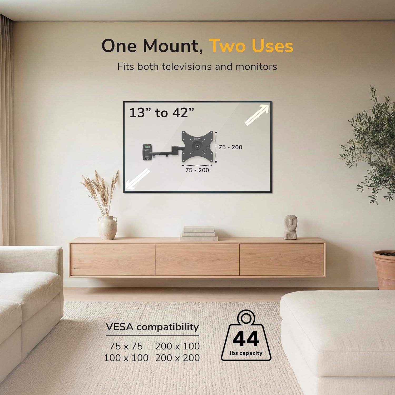image:imageMountIt Full Motion TV Wall Mount Bracket for 1342 Screens 18 Articulating Arm Quick Release Plate Tilt Swivel Rotate AntiTheft Lock Single Stud Install Supports 44 lbs VESA 75200
