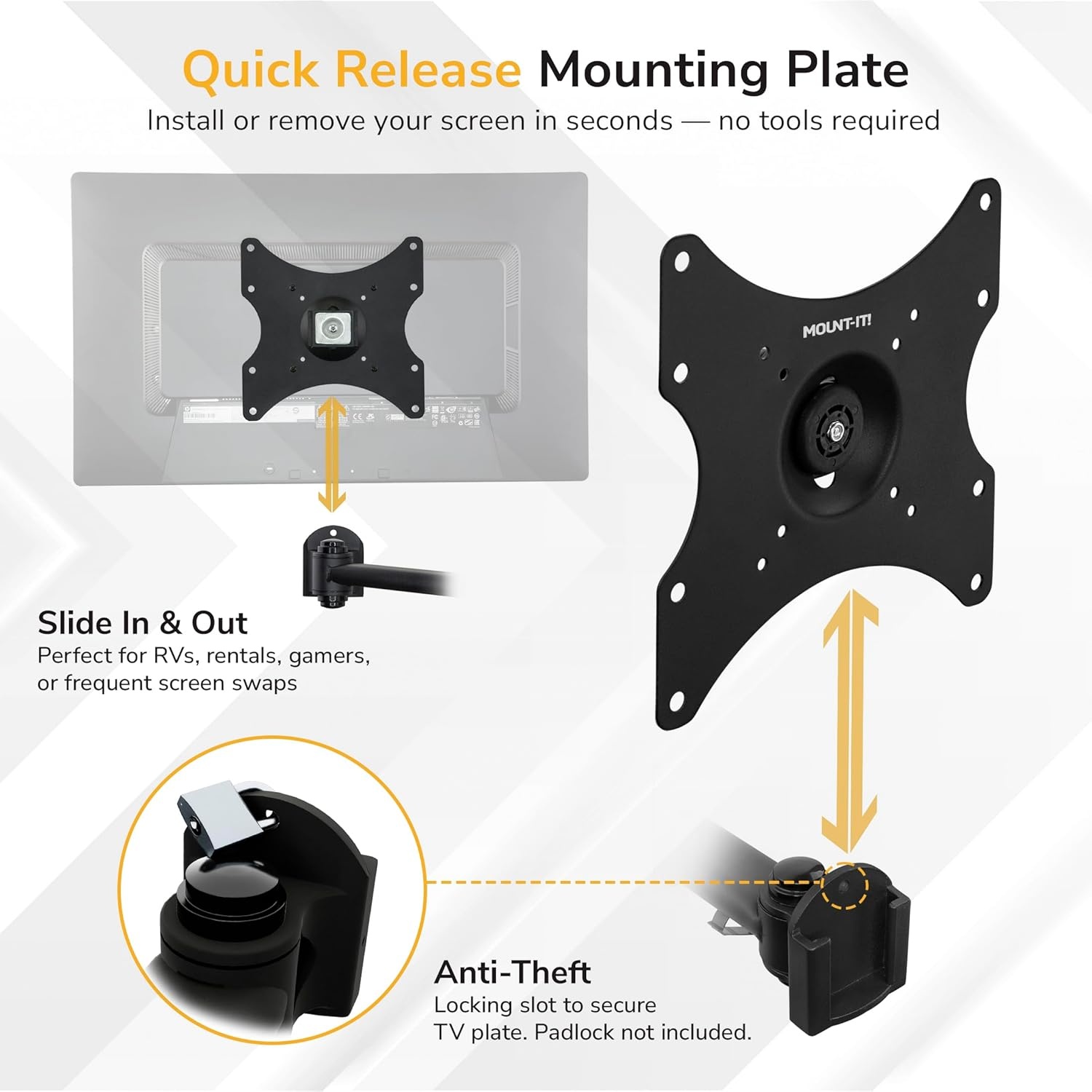 image:imageMountIt Full Motion TV Wall Mount Bracket for 1342 Screens 18 Articulating Arm Quick Release Plate Tilt Swivel Rotate AntiTheft Lock Single Stud Install Supports 44 lbs VESA 75200