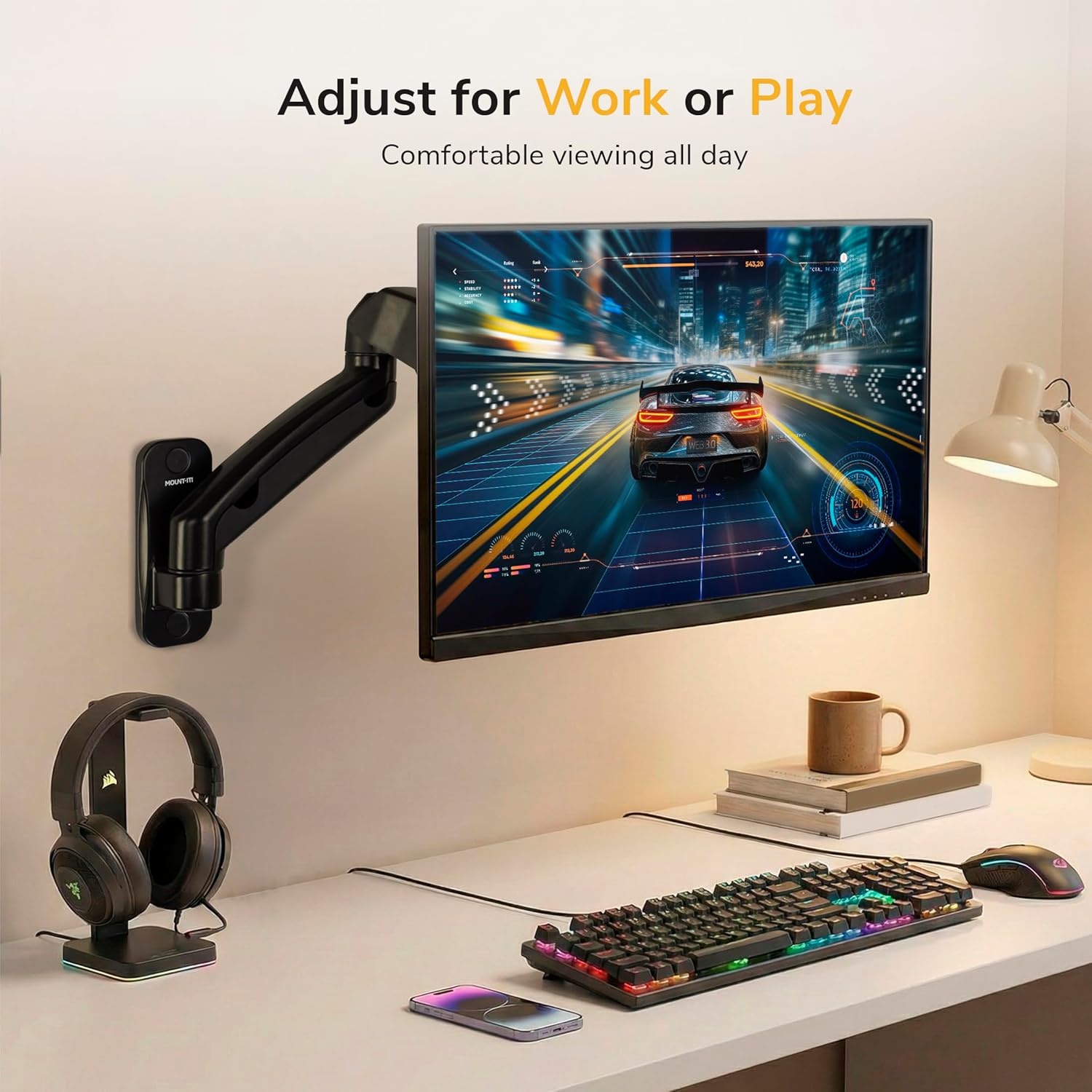 image:imageMountIt Monitor Wall Mount Arm FullMotion Gas Spring Fits 1332 Screens up to 143 lbs VESA 75x75 amp 100x100 Tilt Swivel Rotate SingleStud Wall Mounted Computer Monitor Arm RV Compatible