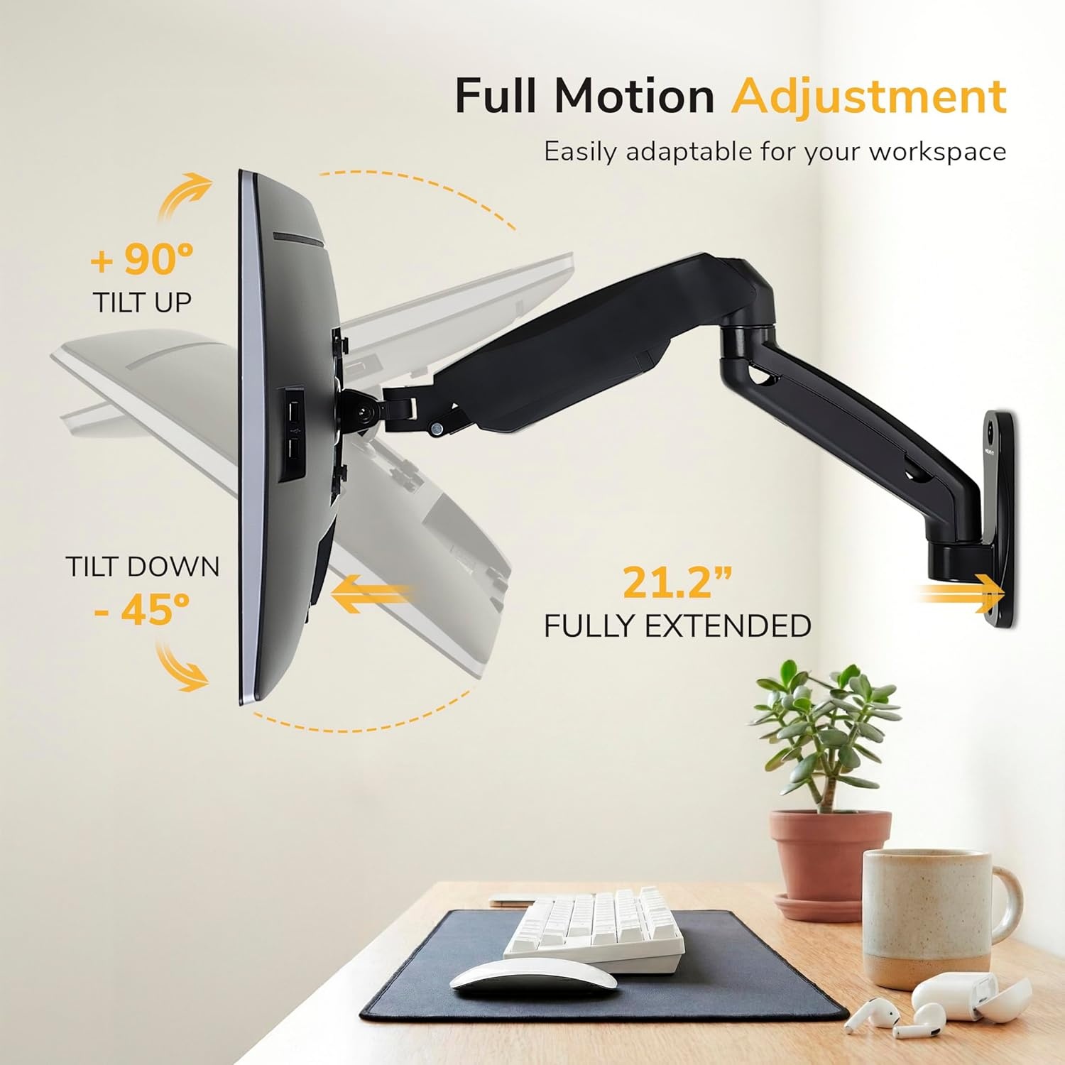 image:imageMountIt Monitor Wall Mount Arm FullMotion Gas Spring Fits 1332 Screens up to 143 lbs VESA 75x75 amp 100x100 Tilt Swivel Rotate SingleStud Wall Mounted Computer Monitor Arm RV Compatible
