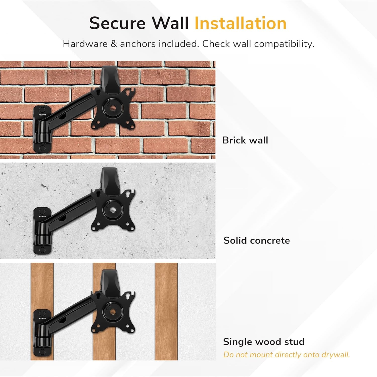 image:imageMountIt Monitor Wall Mount Arm FullMotion Gas Spring Fits 1332 Screens up to 143 lbs VESA 75x75 amp 100x100 Tilt Swivel Rotate SingleStud Wall Mounted Computer Monitor Arm RV Compatible