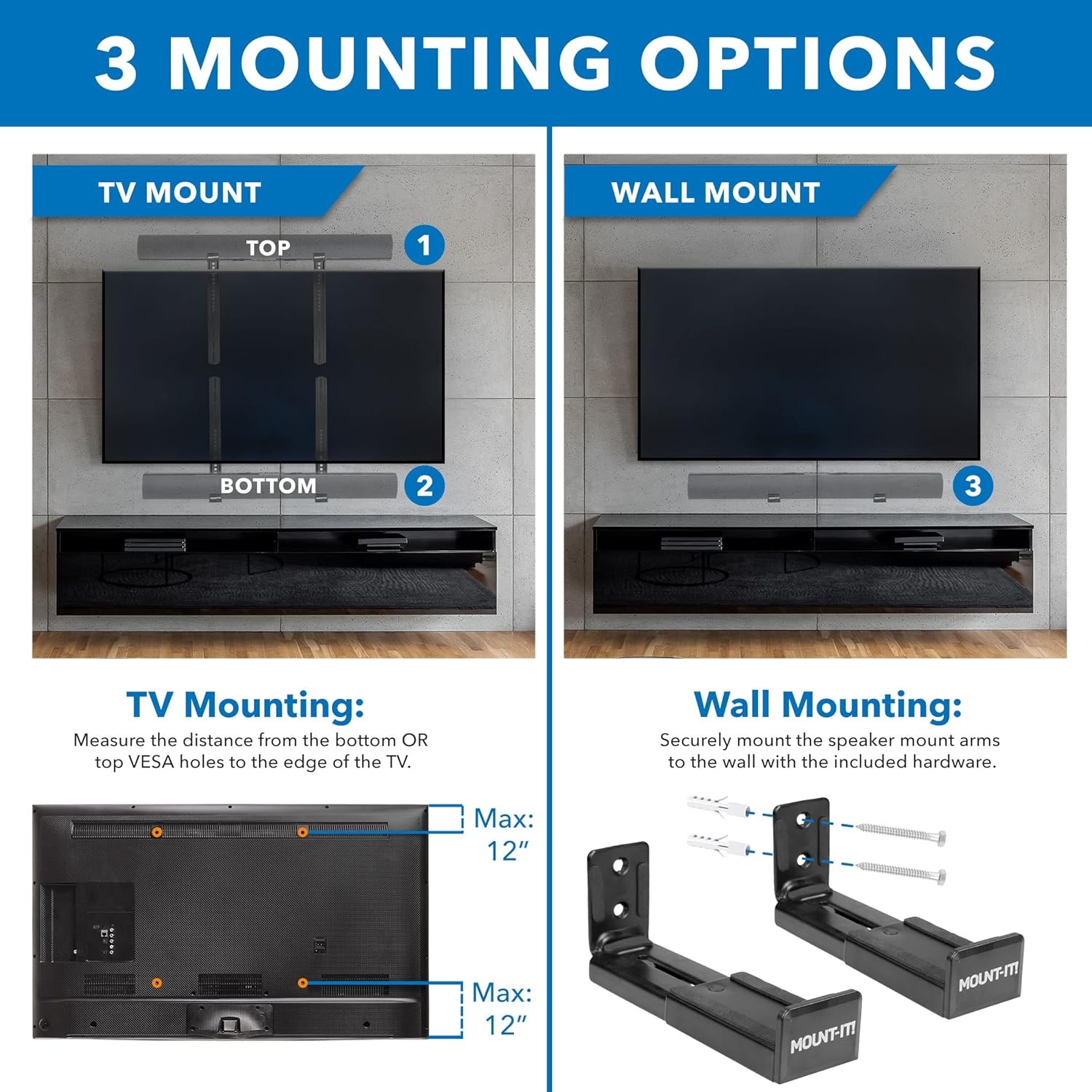 image:imageMountIt Soundbar Mount for TV and Wall Mounting 2in1 Soundbar Bracket for Back of TV or Wall Mount Installation Universal Base Fits All Soundbars