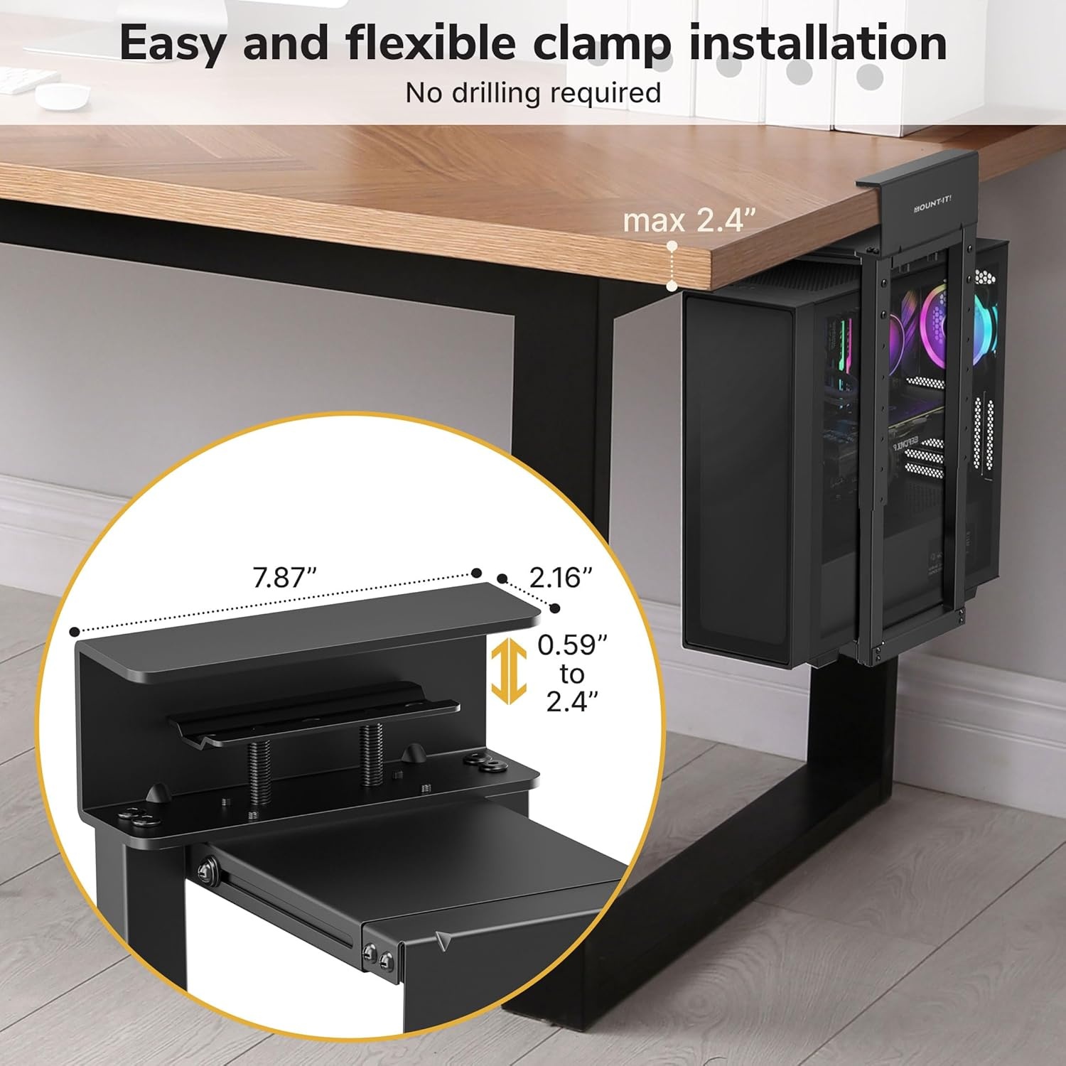 image:imageMountIt Under Desk PC Mount for Standing Desk HeavyDuty ClampOn CPU Holder Adjustable Computer Tower Mount for Desk NoDrill 66 lb Capacity Fits Mid amp Full Towers