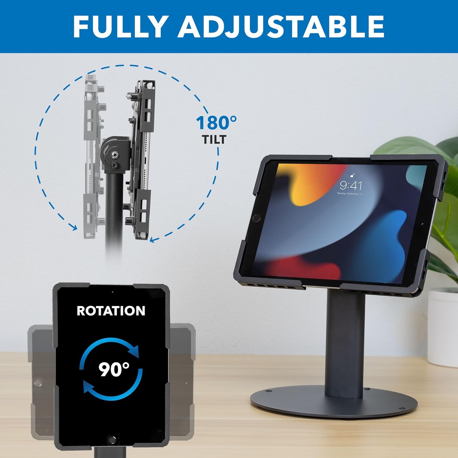 image:imageMountIt Universal Tablet Stand with Tilt AntiTheft Retail iPad POS Kiosk Stand Fits 97131 Tablets 90 Rotation amp 180 Tilt 20 lb Capacity Steel Countertop Mount BlackBlack