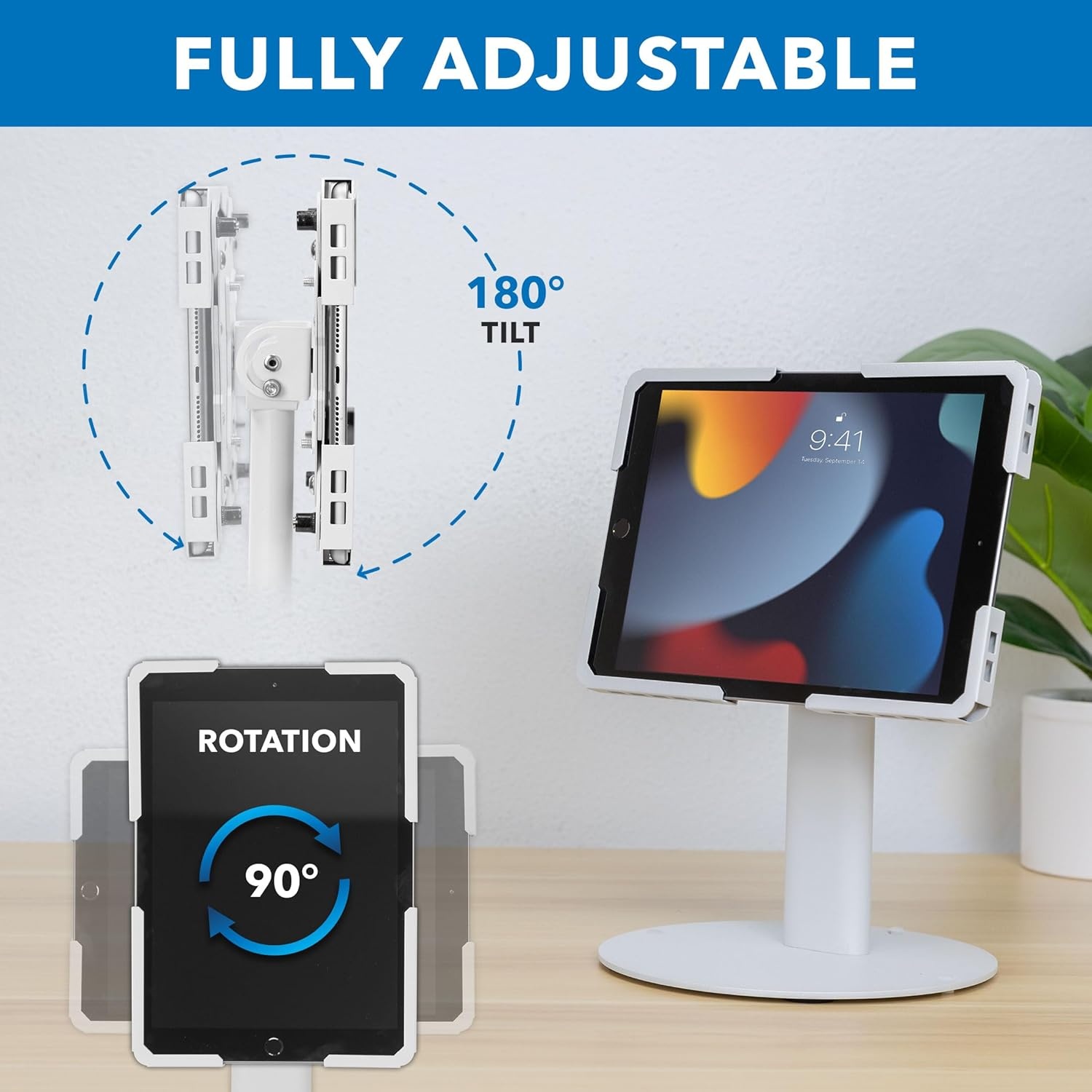 image:imageMountIt Universal Tablet Stand with Tilt AntiTheft Retail iPad POS Kiosk Stand Fits 97131 Tablets 90 Rotation amp 180 Tilt 20 lb Capacity Steel Countertop Mount BlackWhite