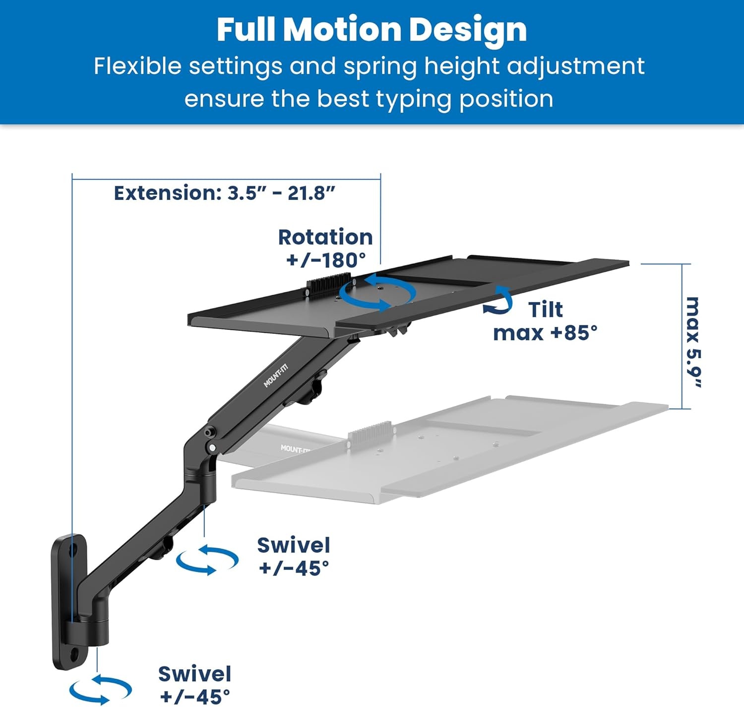 image:imageMountIt Ergonomic Laptop Arm for Wall or Pole Mounting Full Motion Adjustments Versatile Design Easy InstallationKeyboard