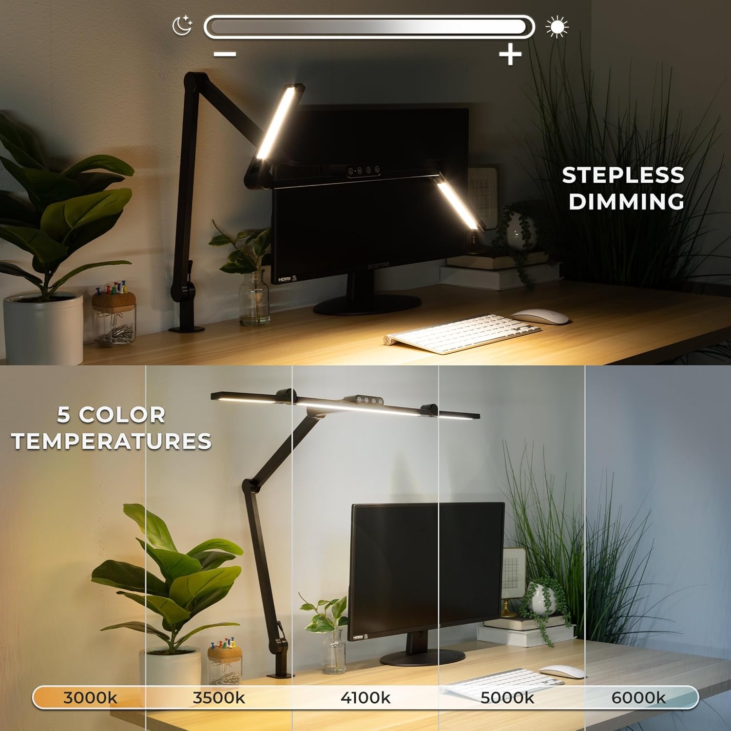 image:imageMountIt LED Desk Lamp with Adjustable Swing Arms and Clamp Base Touch Control Stepless Dimming and 5 Color Temperatures EyeCaring Lighting for Work Study and Crafting