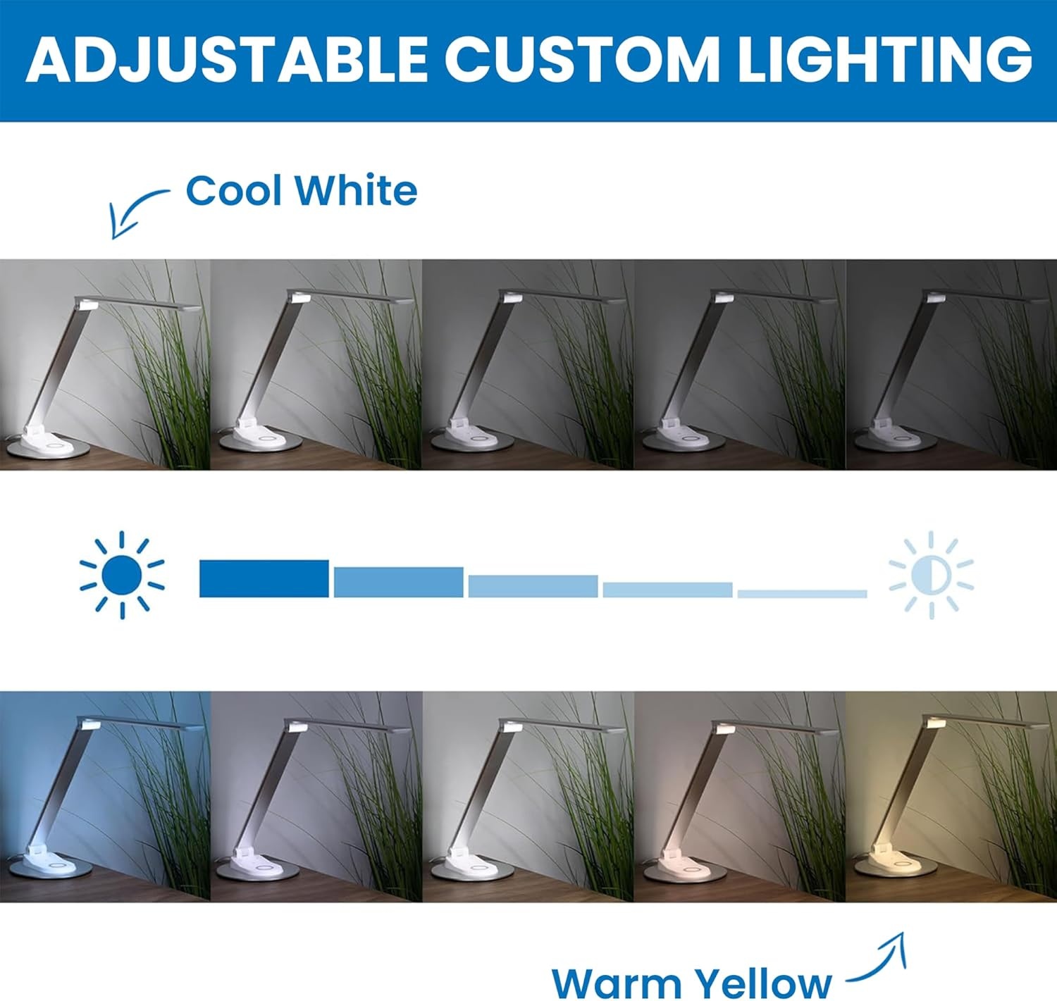 image:imageMountIt LED Desk Lamp with Wireless Charger and USBC Charging Port Dimmable Desk Lamp with 25 Brightness and Color Modes for Home or Office Adjustable Arm SilverWhite