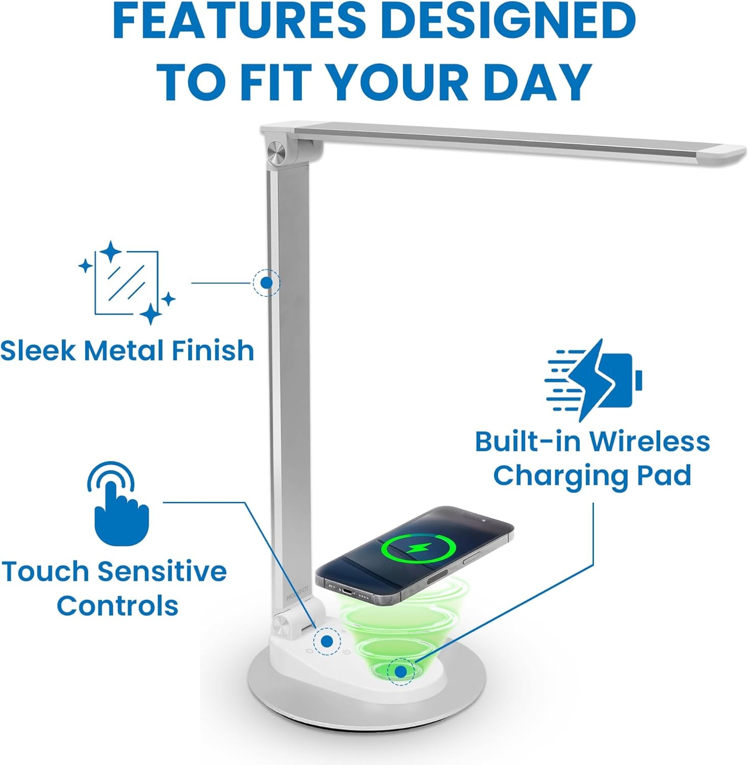 image:imageMountIt LED Desk Lamp with Wireless Charger and USBC Charging Port Dimmable Desk Lamp with 25 Brightness and Color Modes for Home or Office Adjustable Arm SilverWhite