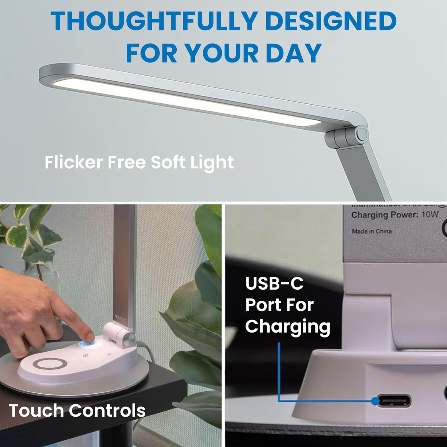 image:imageMountIt LED Desk Lamp with Wireless Charger and USBC Charging Port Dimmable Desk Lamp with 25 Brightness and Color Modes for Home or Office Adjustable Arm SilverWhite