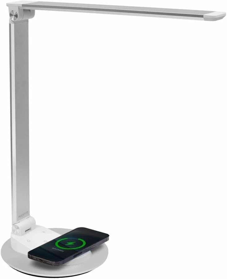 image:imageMountIt LED Desk Lamp with Wireless Charger and USBC Charging Port Dimmable Desk Lamp with 25 Brightness and Color Modes for Home or Office Adjustable Arm SilverWhite