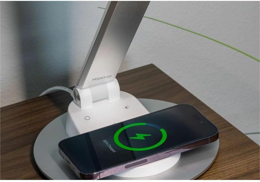 image:imageMountIt LED Desk Lamp with Wireless Charger and USBC Charging Port Dimmable Desk Lamp with 25 Brightness and Color Modes for Home or Office Adjustable Arm SilverWhite