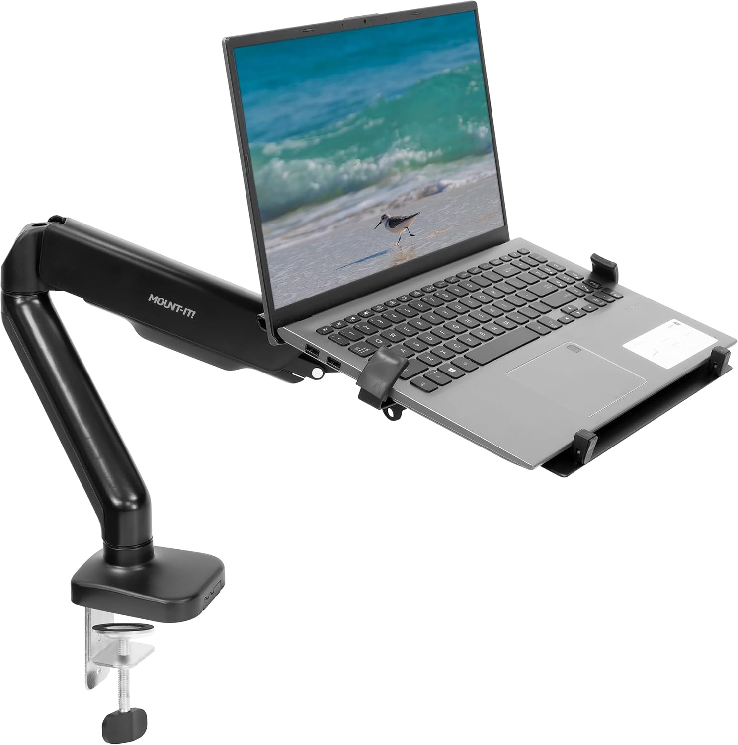 image:imageMountIt Laptop Desk Mount Arm with Gas Spring Height Adjustable Laptop Stand for Desk Fits Laptops up to 17 Inch Full Motion Laptop Tray Mount with Clamp or Grommet InstallationLaptop Arm