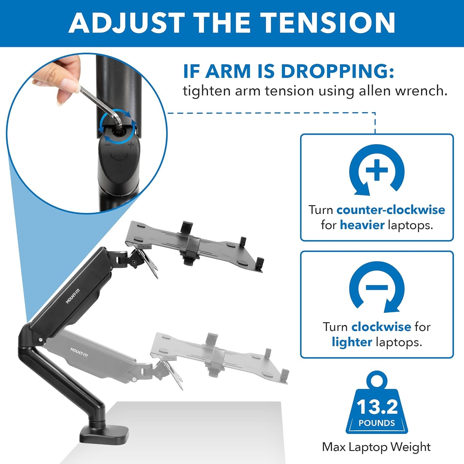 image:imageMountIt Laptop Desk Mount Arm with Gas Spring Height Adjustable Laptop Stand for Desk Fits Laptops up to 17 Inch Full Motion Laptop Tray Mount with Clamp or Grommet InstallationLaptop Arm